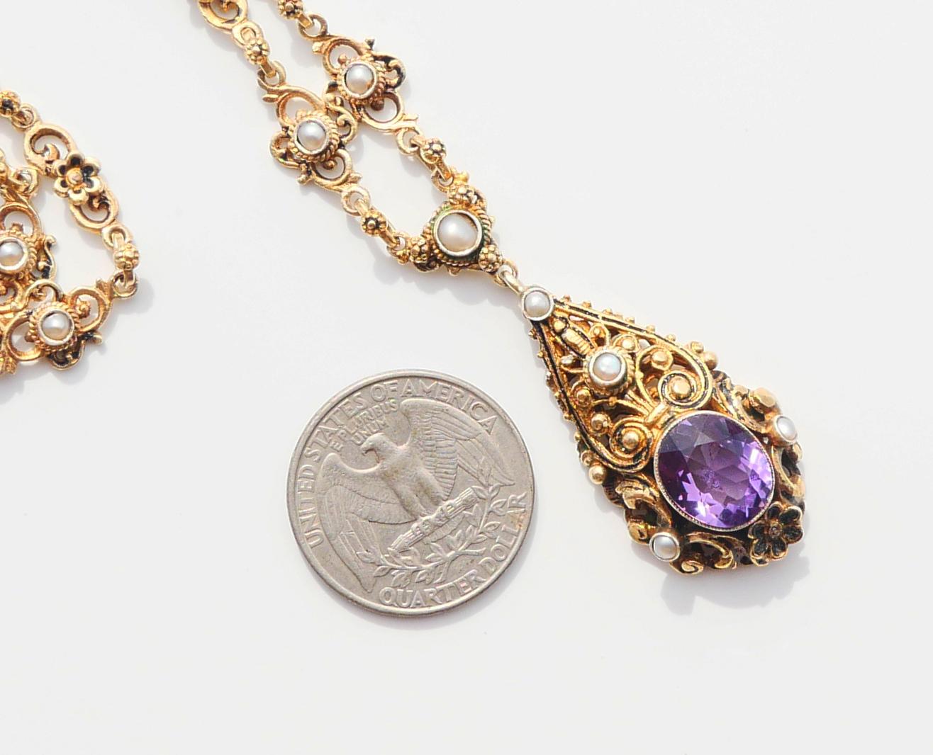 Antique Austrian Necklace Amethyst Pearls Gilt Silver / 42cm/25gr For Sale 4