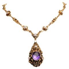 Antique Austrian Necklace Amethyst Pearls Gilt Silver / 42cm/25gr