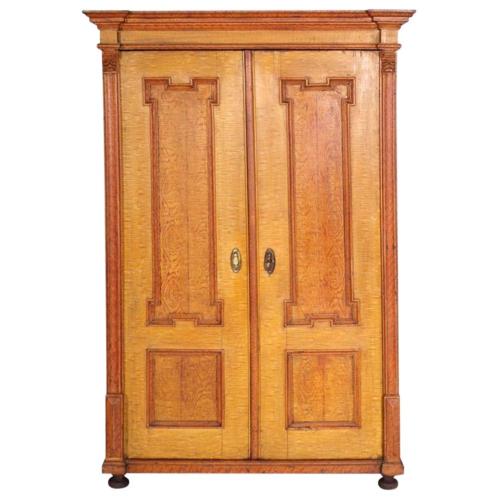 Antique Austrian Neoclassic Wardrobe Cupboard in Massive Wood Laquered Faux Wood