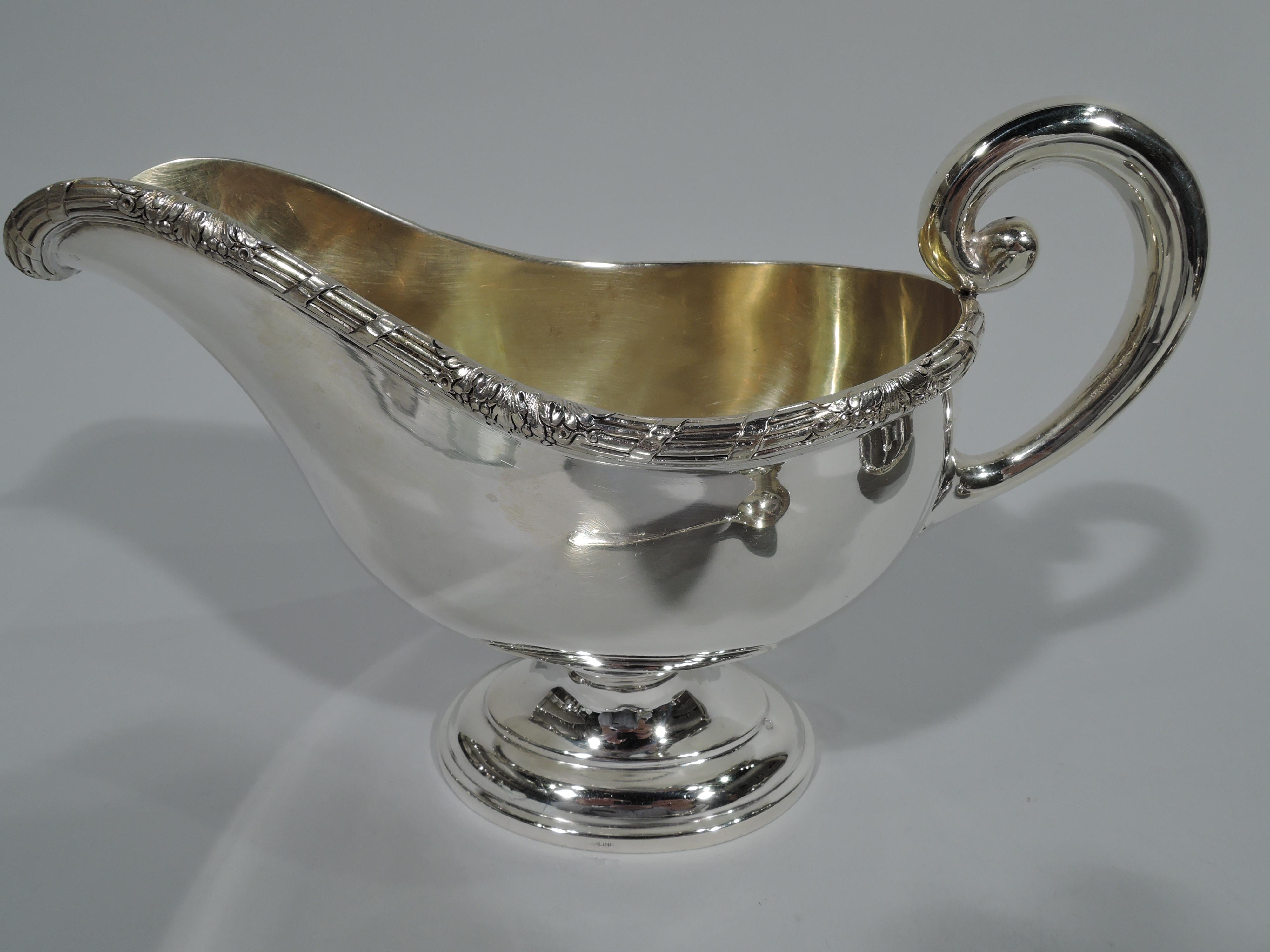 Neoclassical Revival Antique Austrian Neoclassical Silver Gravy Boat on Stand with Ladle
