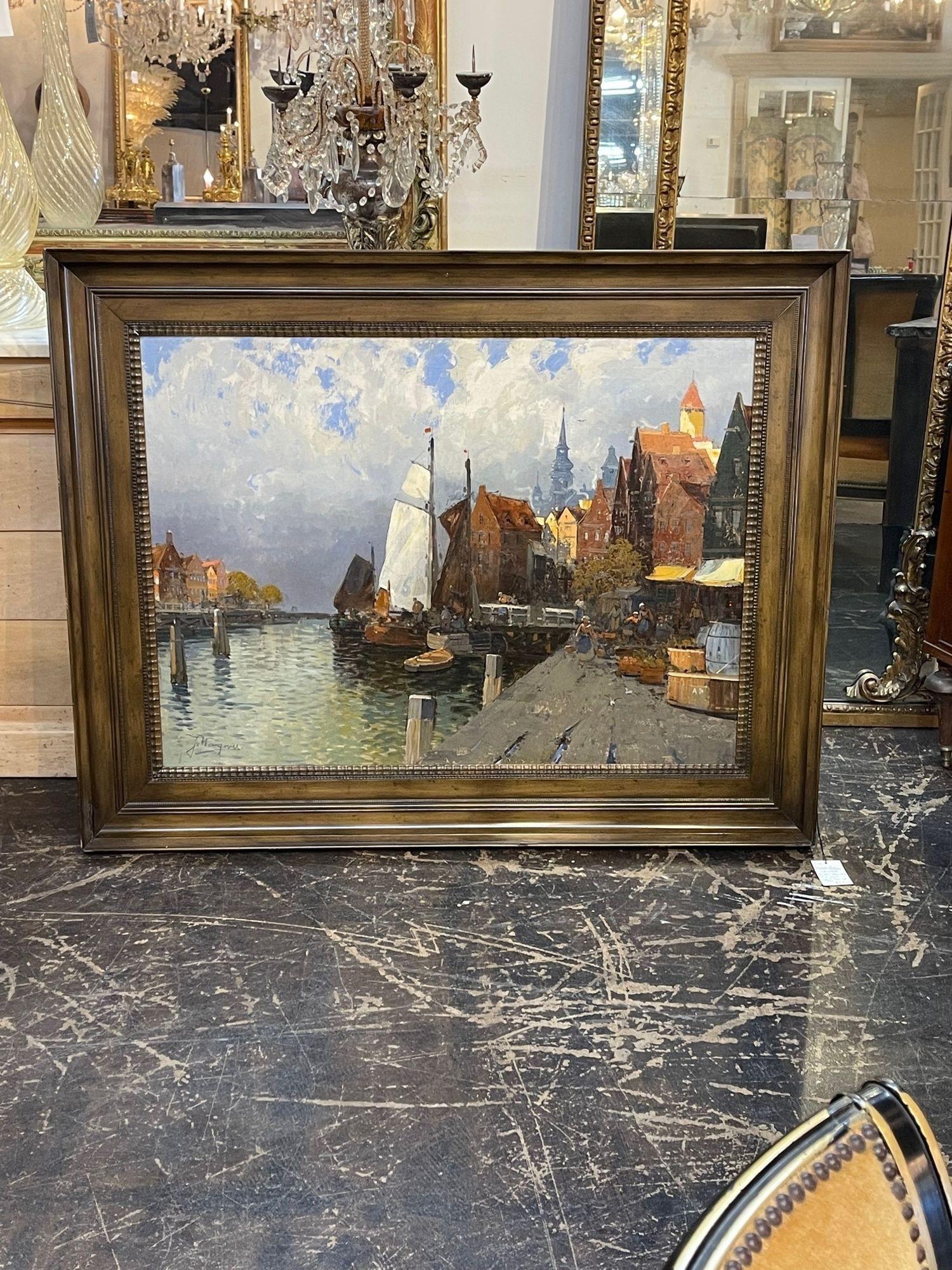 Lovely antique oil on canvas Austrian painting by artist Hans Johann Wagner. The painting depicts a bustling harbor scene with boats and people working in a market. A great piece of that that is signed by the artist!