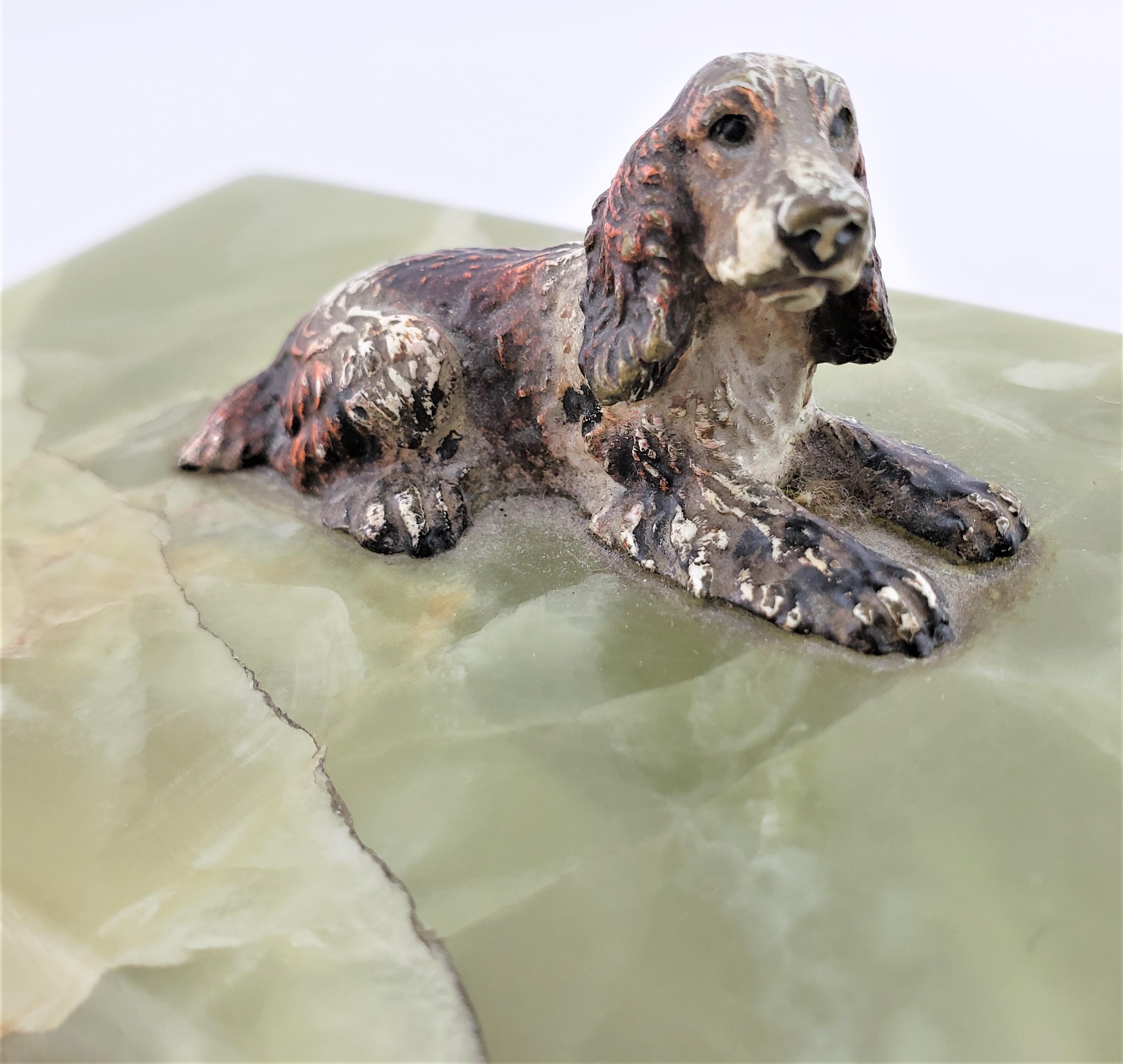 Silver Plate Antique Austrian Onyx Jewelry Box with Figural Cold Painted Bronze Spaniel Dog For Sale