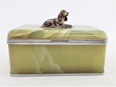 Antique Austrian Onyx Jewelry Box with Figural Cold Painted Bronze Spaniel Dog