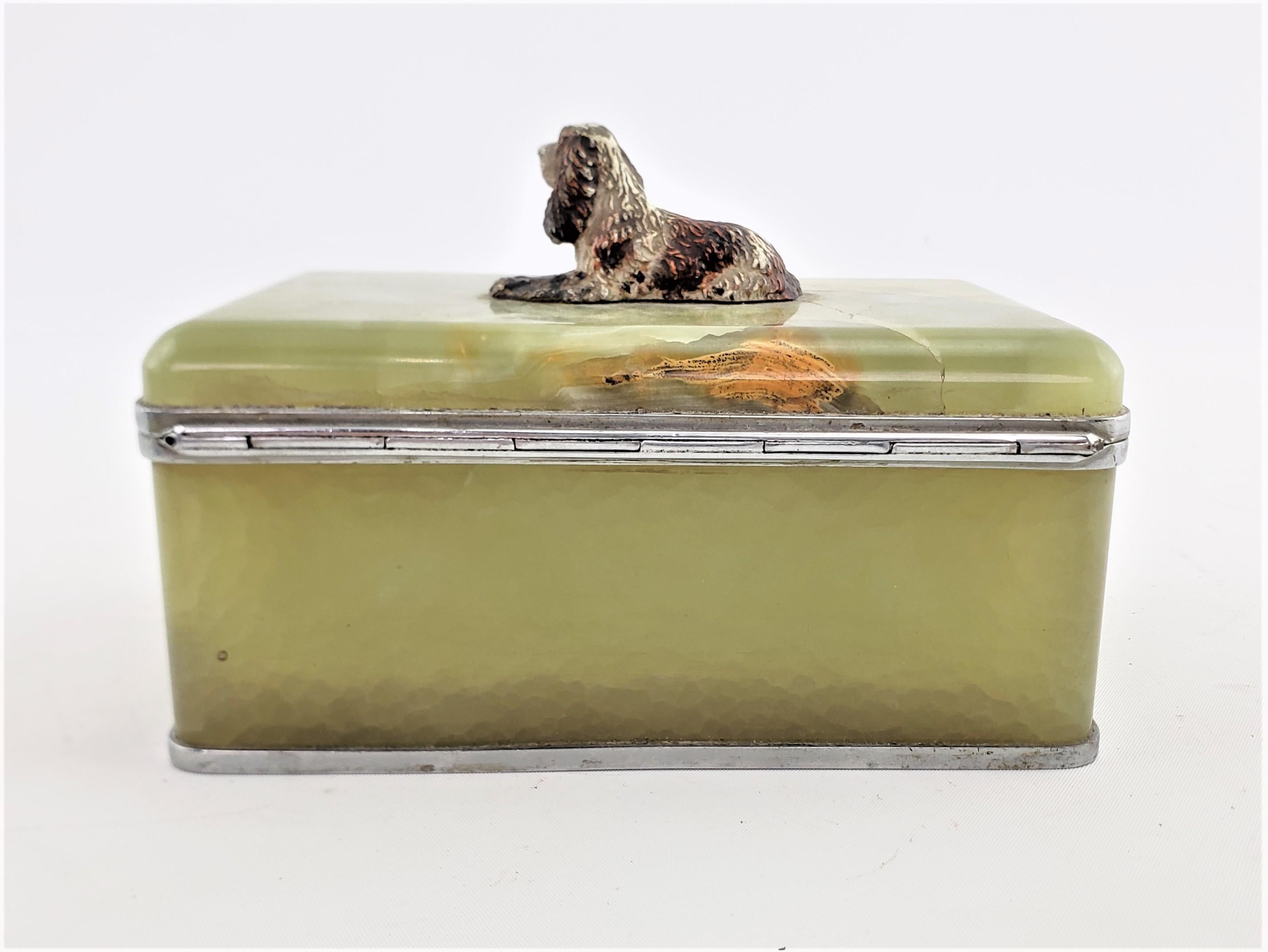Art Deco Antique Austrian Onyx Jewelry Box with Figural Cold Painted Bronze Spaniel Dog For Sale