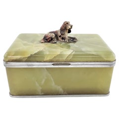 Antique Austrian Onyx Jewelry Box with Figural Cold Painted Bronze Spaniel Dog