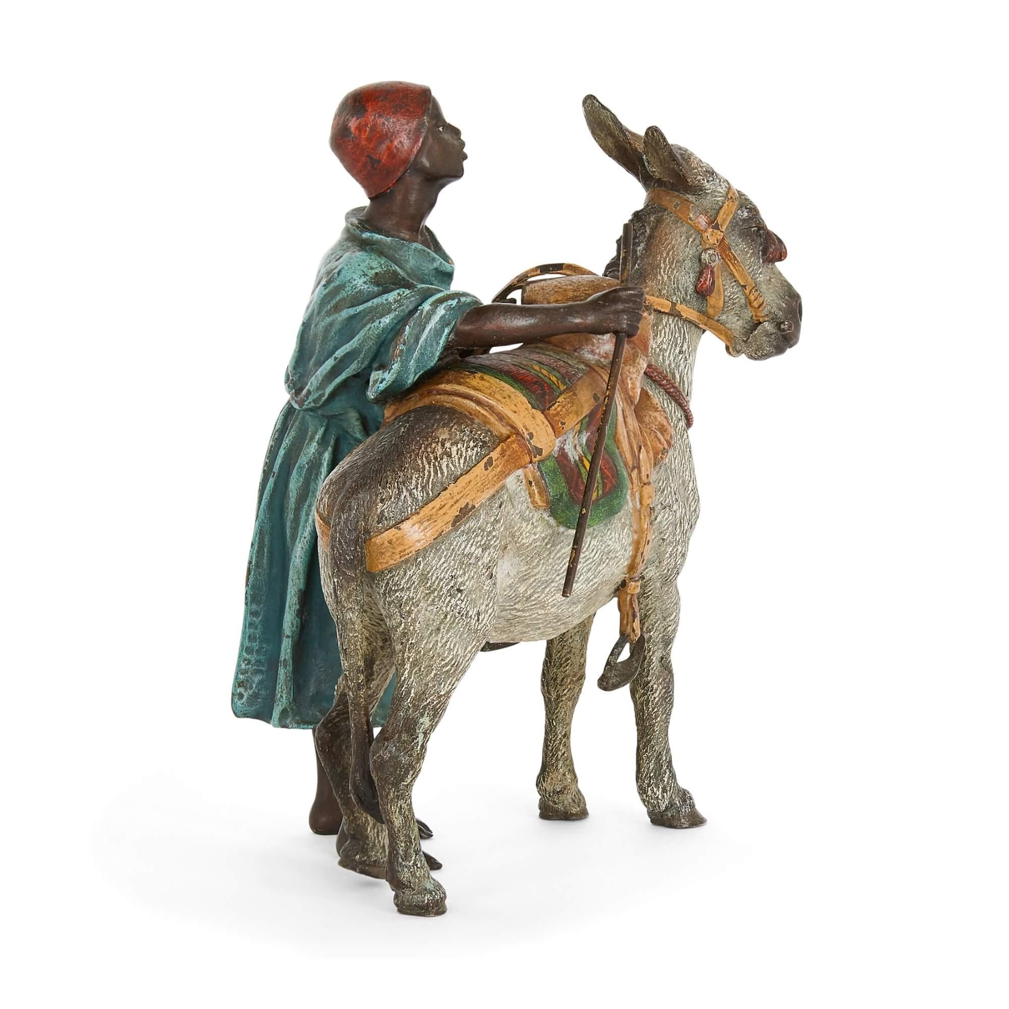 Cold-Painted Antique Austrian Orientalist Bronze Donkey by Bergman For Sale