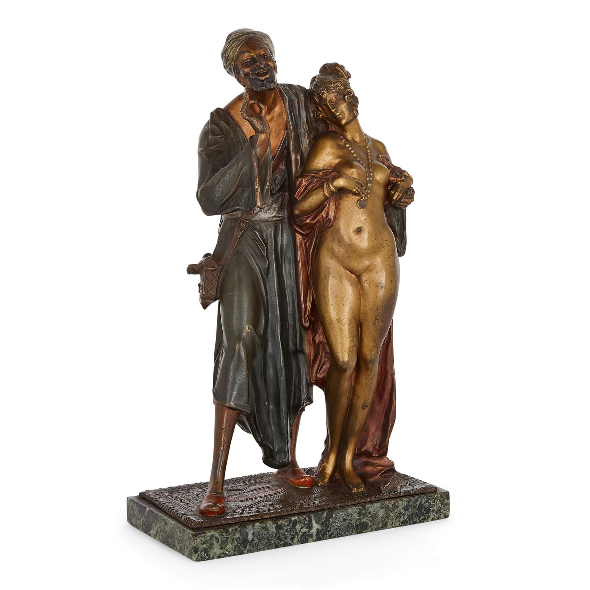 Antique Austrian Orientalist cold-painted bronze sculpture 
Austrian, Early 20th Century 
Height 33cm, width 19cm, depth 11cm

Showcasing the elaborate cold-painting technique, this Viennese sculpture is a striking example of the decorative arts
