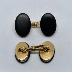 Antique Austrian Oval Cufflinks in 14k Gold with Ebony