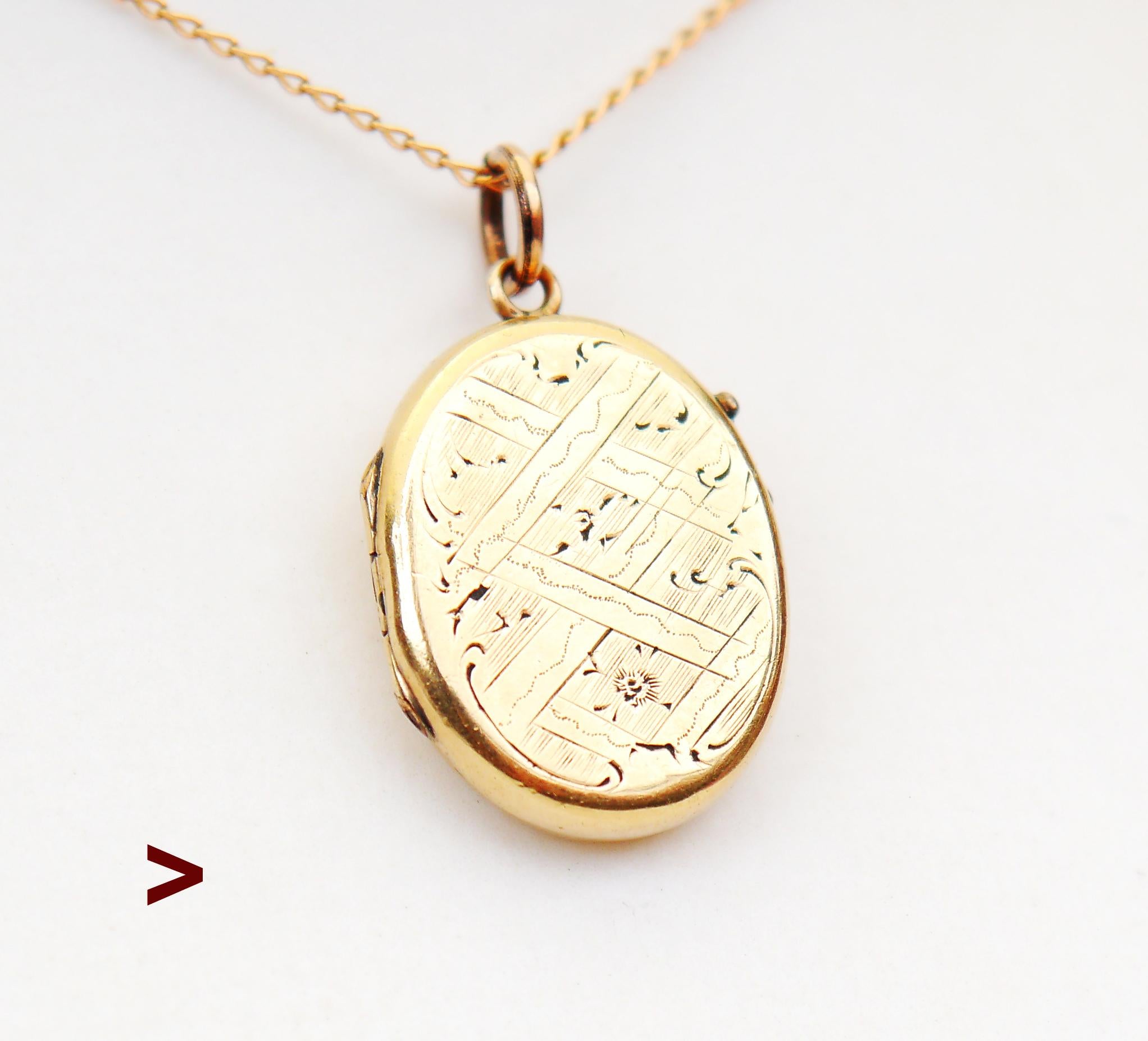 Antique 19th - early XX cent. European Pendant / Locket made of solid 14K Greenish Yellow Gold.

Delicate engravings of miniature proportions on both sides.Inside - golden bezel with glass plate.

Hallmarked, originates from Austria, likely made on