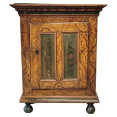 Antique Austrian Pine Cupboard With Original Faux Bois Paint and Floral Accents