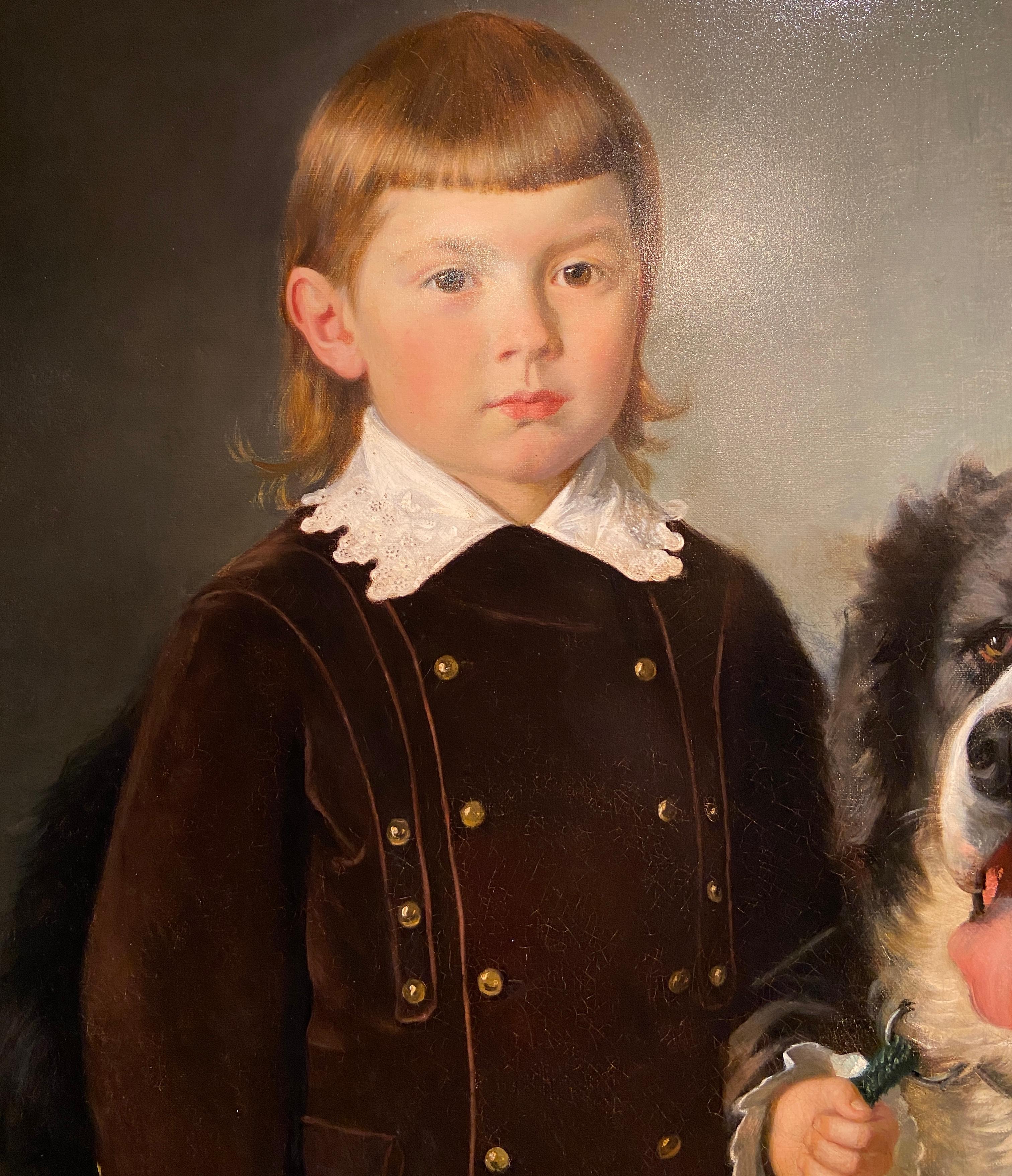 Antique Portrait Painting of Boy and Dog Signed 