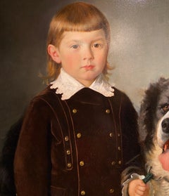 Antique Austrian Portrait Oil Painting of Boy and Dog Signed, "A. Stoff 1878."