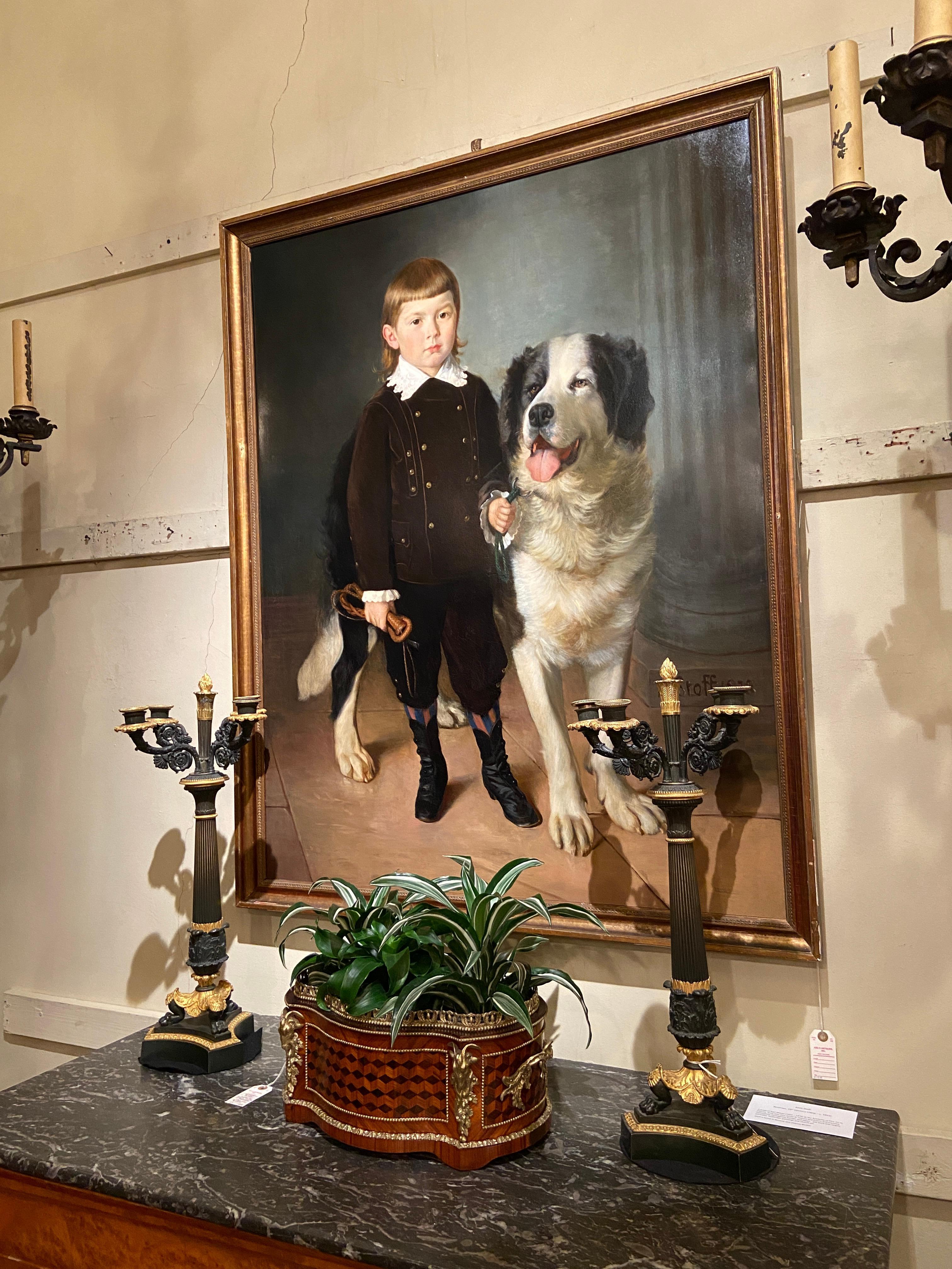 Antique Austrian Portrait Oil Painting of Boy and Dog Signed, 