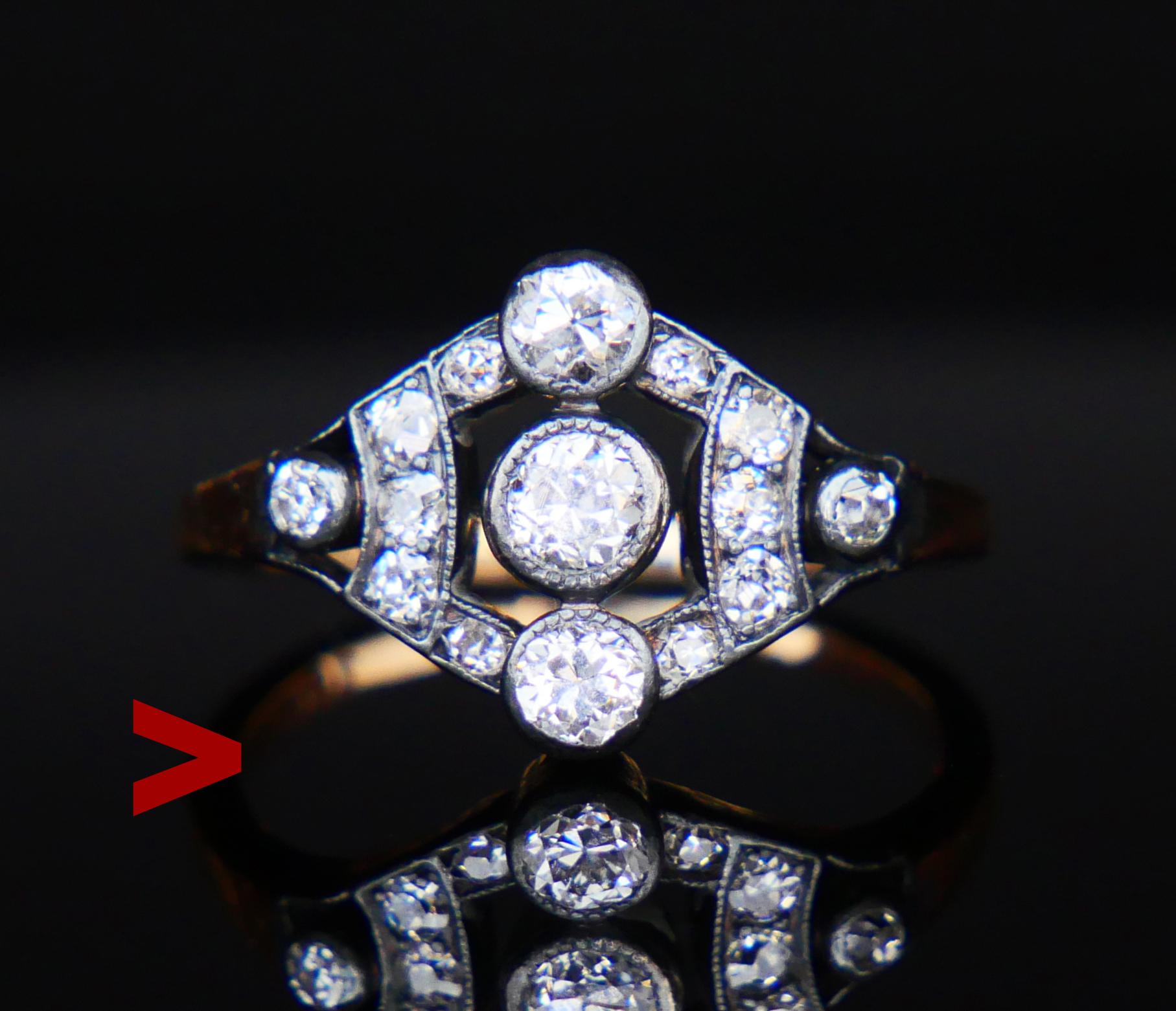 Raffinato anello austriaco realizzato verso la fine del 19° e l'inizio del 20° secolo.  Corona traforata in argento e oro con 15 pietre di diamante. Spettacoli della band  circa all'inizio del 1900, periodo Imperial Gold austriaco e ungherese,