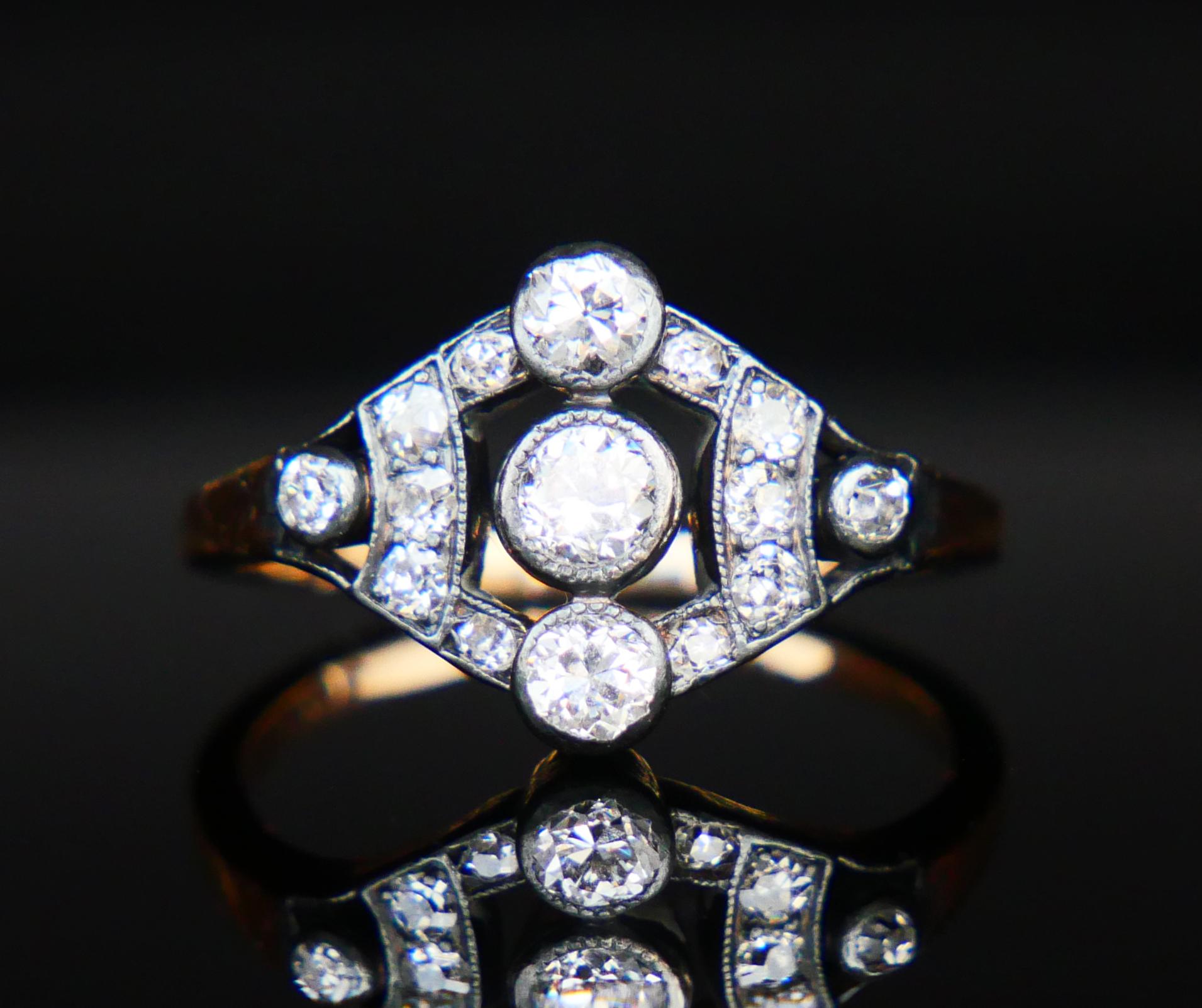 Art Deco Antique Austrian Ring 1 ctw. Diamonds solid 14K Rose Gold Silver Ø US 6.25/ 3 gr For Sale