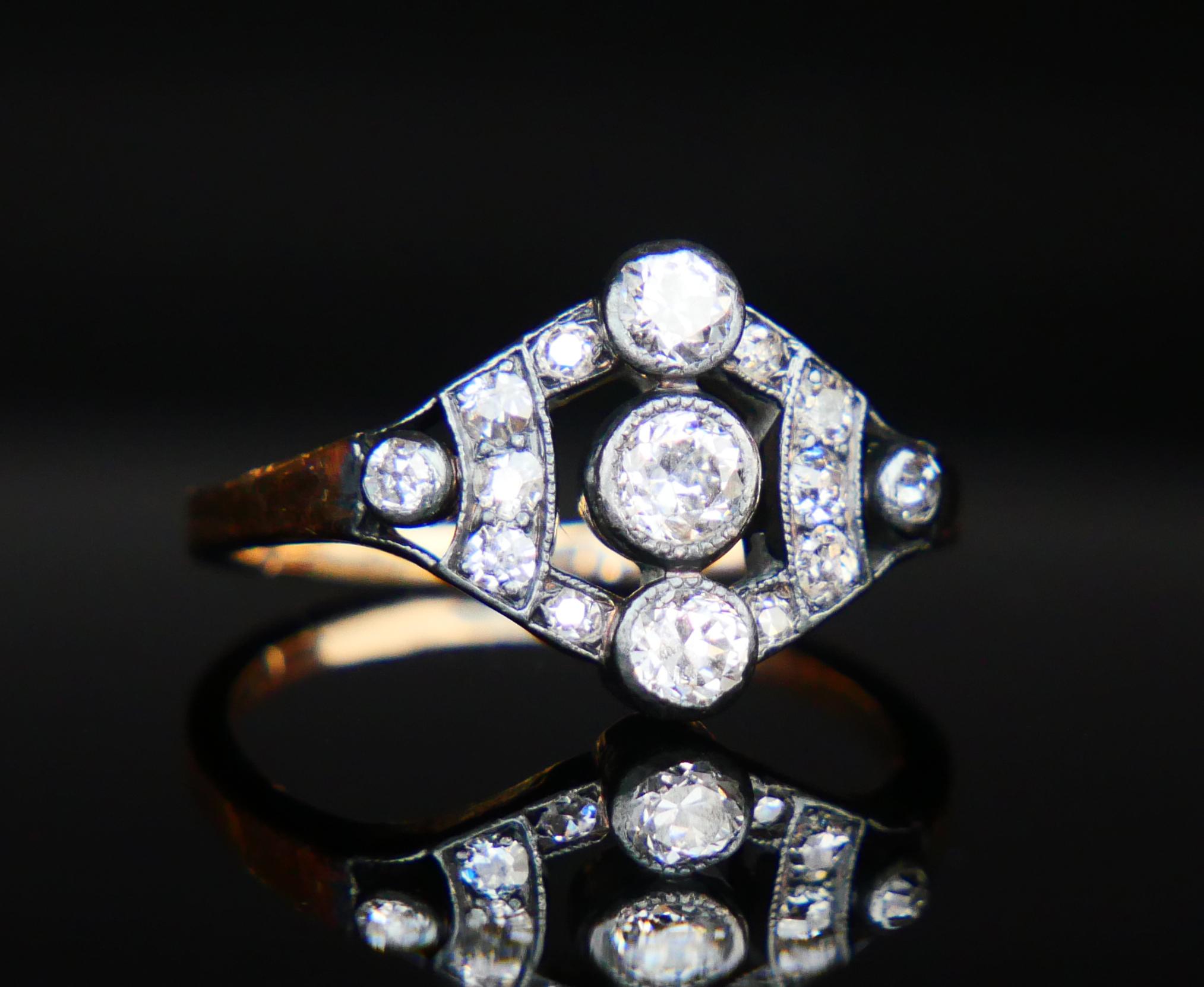 Old European Cut Antique Austrian Ring 1 ctw. Diamonds solid 14K Rose Gold Silver Ø US 6.25/ 3 gr For Sale