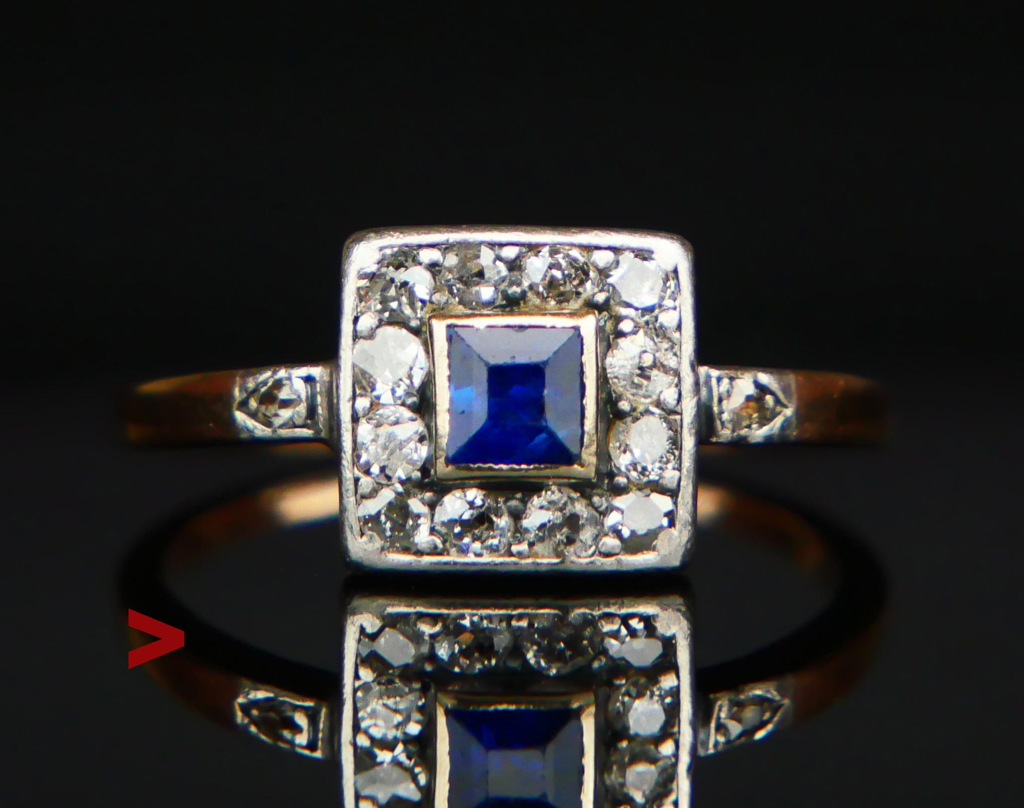 Austrian Art - Deco period Sapphire and Diamonds Ring made between ca. 1920 -1940s. Crown is 9.6 mm x 9.4 mm x 4.25 mm deep with top in White Gold or Silver featuring natural medium blue Sapphire cut princess 4 mm x 4 mm x 2.65 mm deep / ca 0.5ct