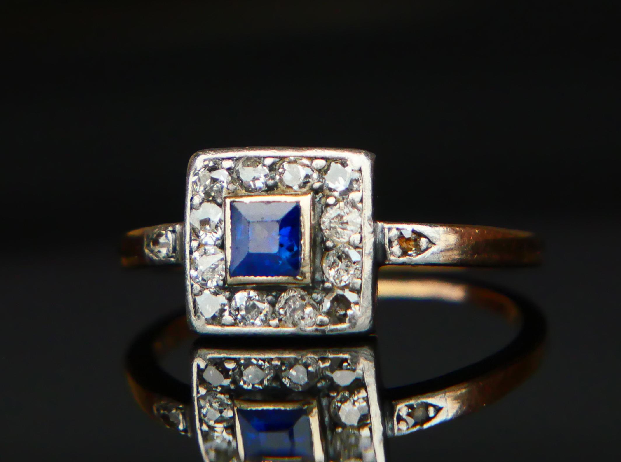 Antiker Österreichischer Ring natürlich 0.5ct Saphir 0.8ctw Diamanten 14KGoldØUS8.5/2.6gr (Carréschliff) im Angebot