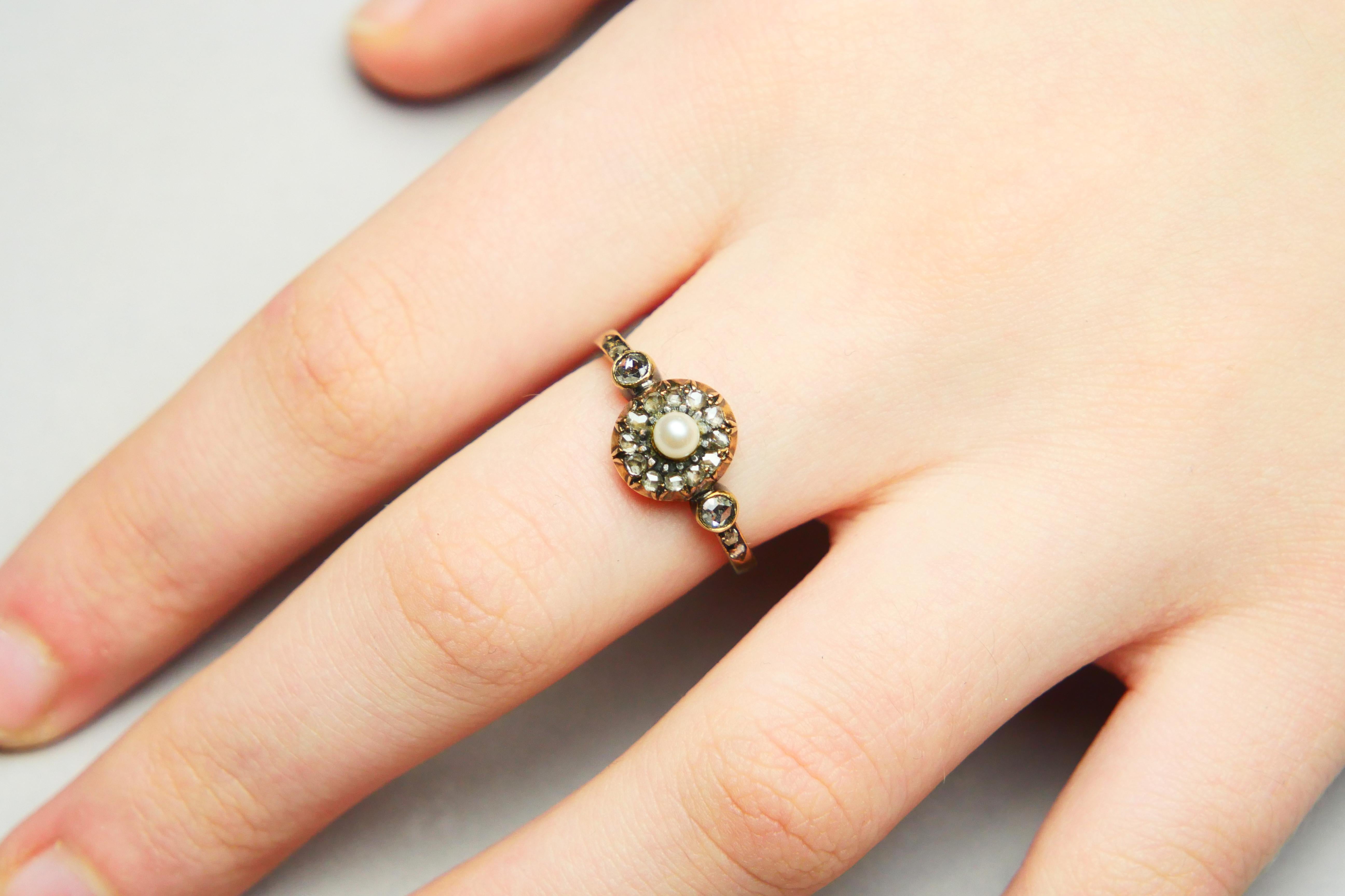 Antique Austrian Ring Pearl 0.6 ctw Diamonds 14K Gold Silver Ø US 7.25 /2.9gr For Sale 5
