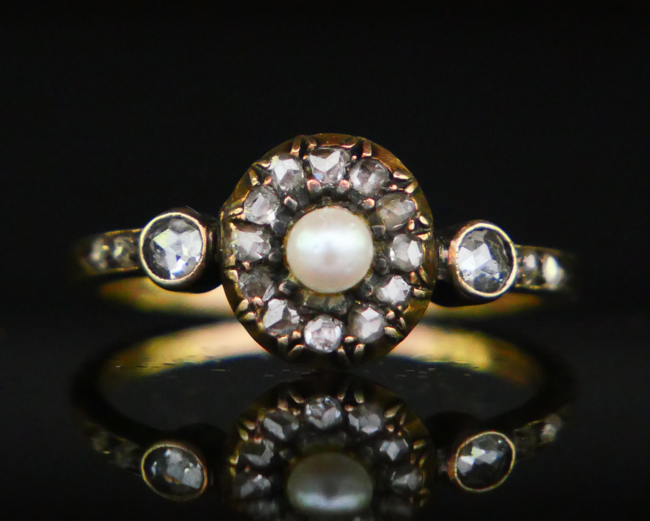 Antique Austrian Ring Pearl 0.6 ctw Diamonds 14K Gold Silver Ø US 7.25 /2.9gr For Sale 6