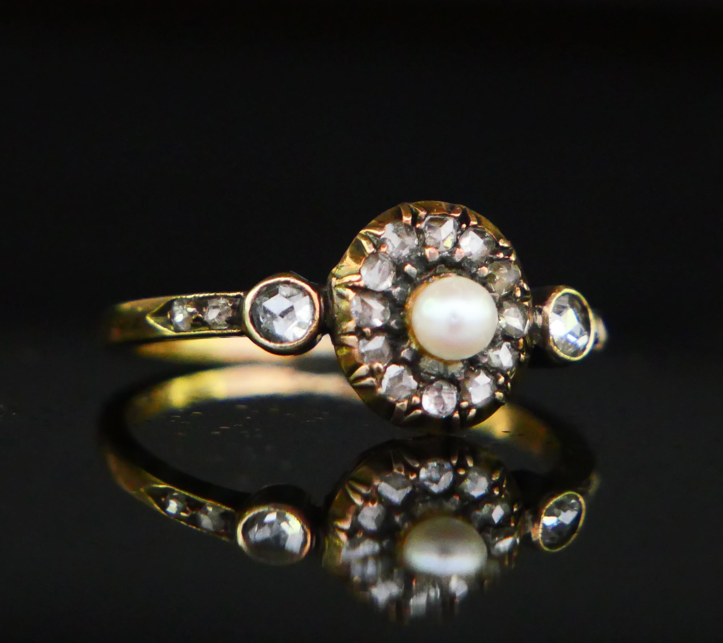Antique Austrian Ring Pearl 0.6 ctw Diamonds 14K Gold Silver Ø US 7.25 /2.9gr For Sale 7