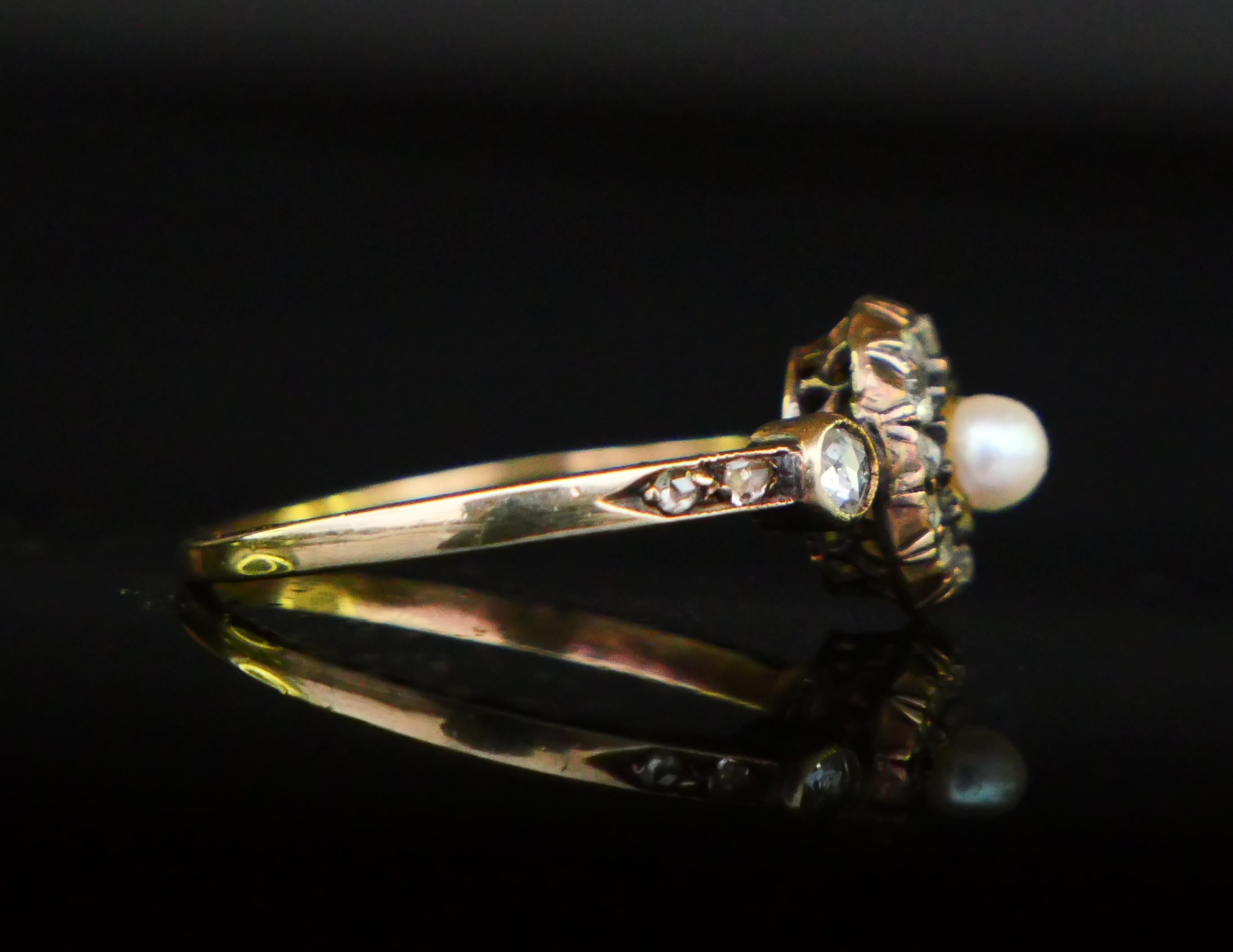 Antique Austrian Ring Pearl 0.6 ctw Diamonds 14K Gold Silver Ø US 7.25 /2.9gr For Sale 8