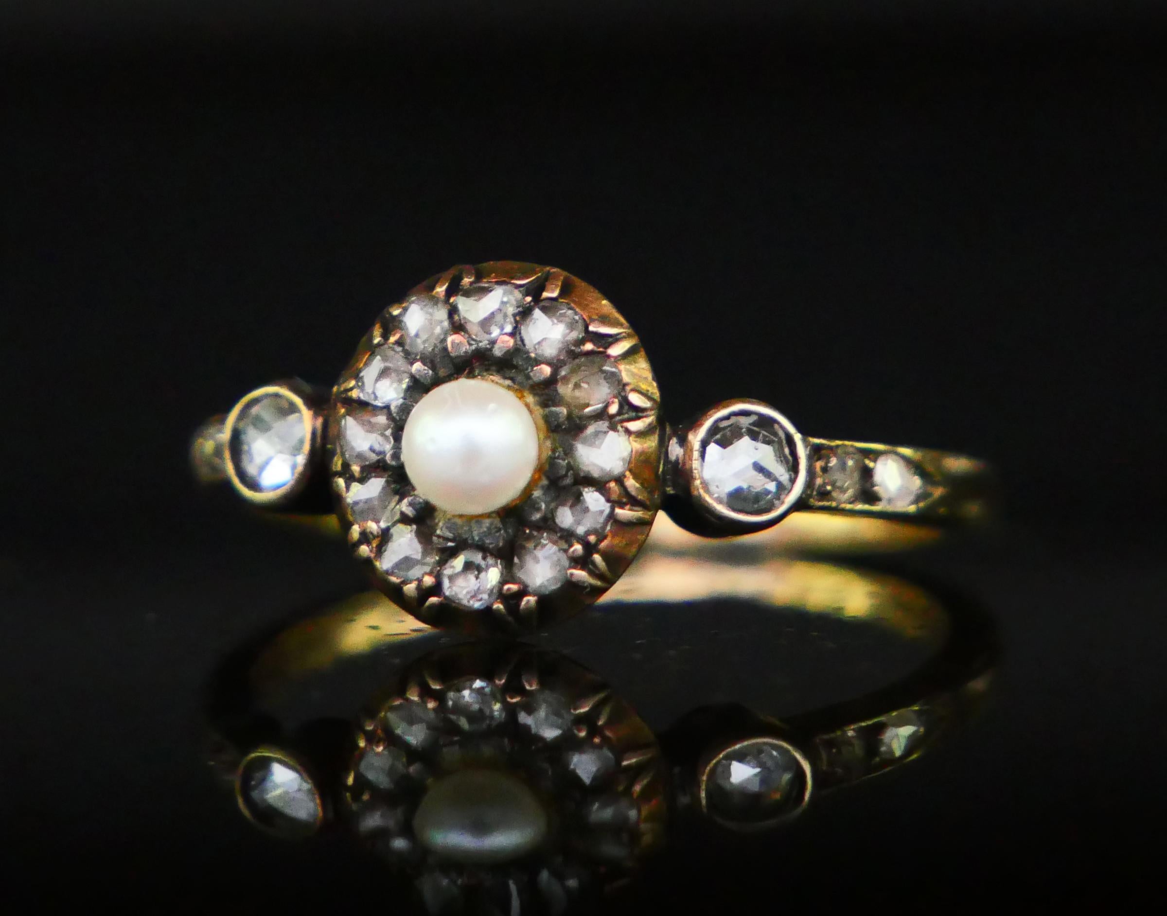 Antique Austrian Ring Pearl 0.6 ctw Diamonds 14K Gold Silver Ø US 7.25 /2.9gr For Sale 9