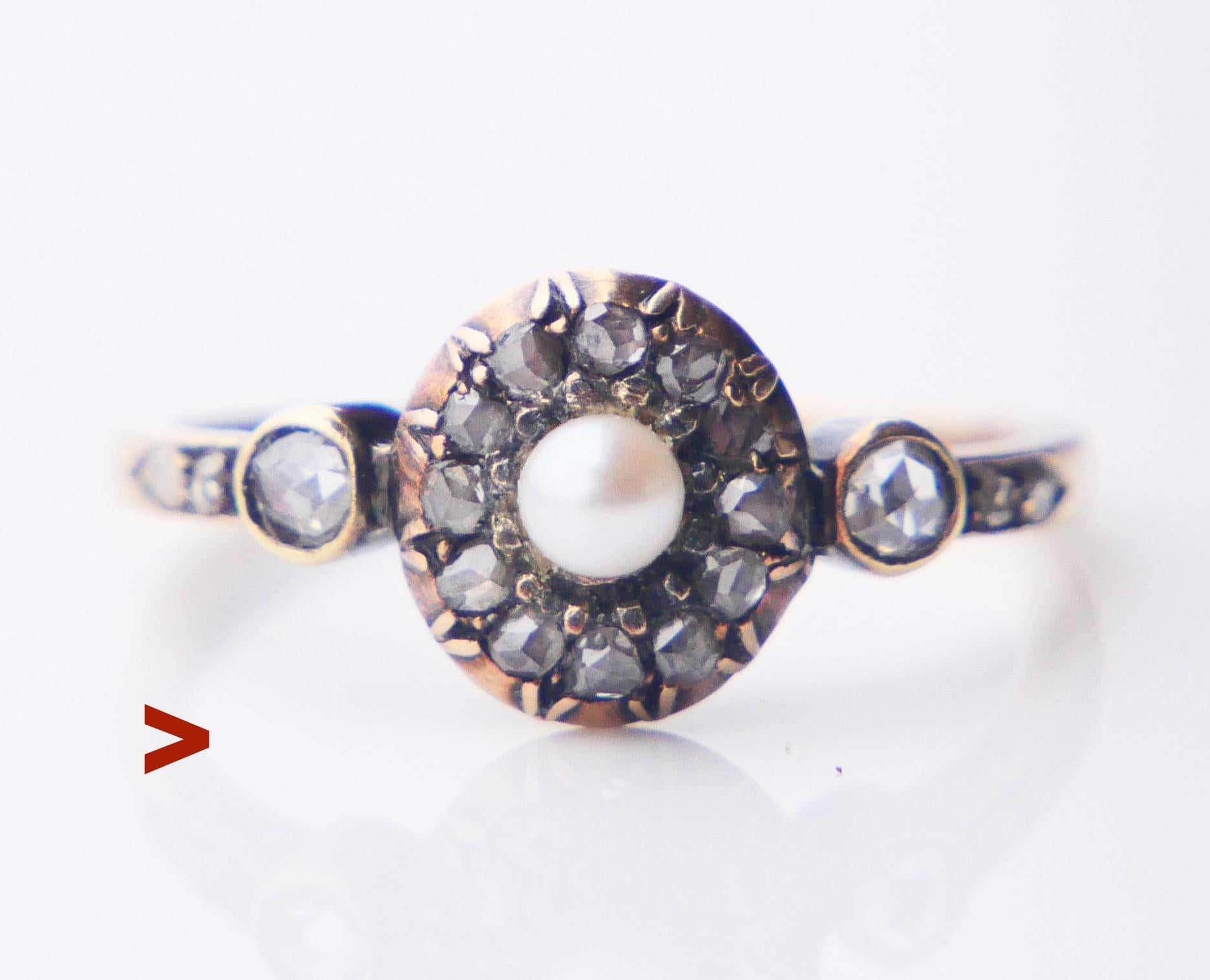 
Beautiful  Austrian Ring with parts in solid 14K Rose Gold and Silver decorated with a Pearl and natural rose cut Diamonds.

Ca. 1900 - 1920s -1930s , period Austrian hallmarks confirming  14K Gold. 

Crown is Ø 9 mm x 6.5 mm deep. Pearl Ø 3.7 mm