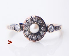 Antique Austrian Ring Pearl 0.6 ctw Diamonds 14K Gold Silver Ø US 7.25 /2.9gr