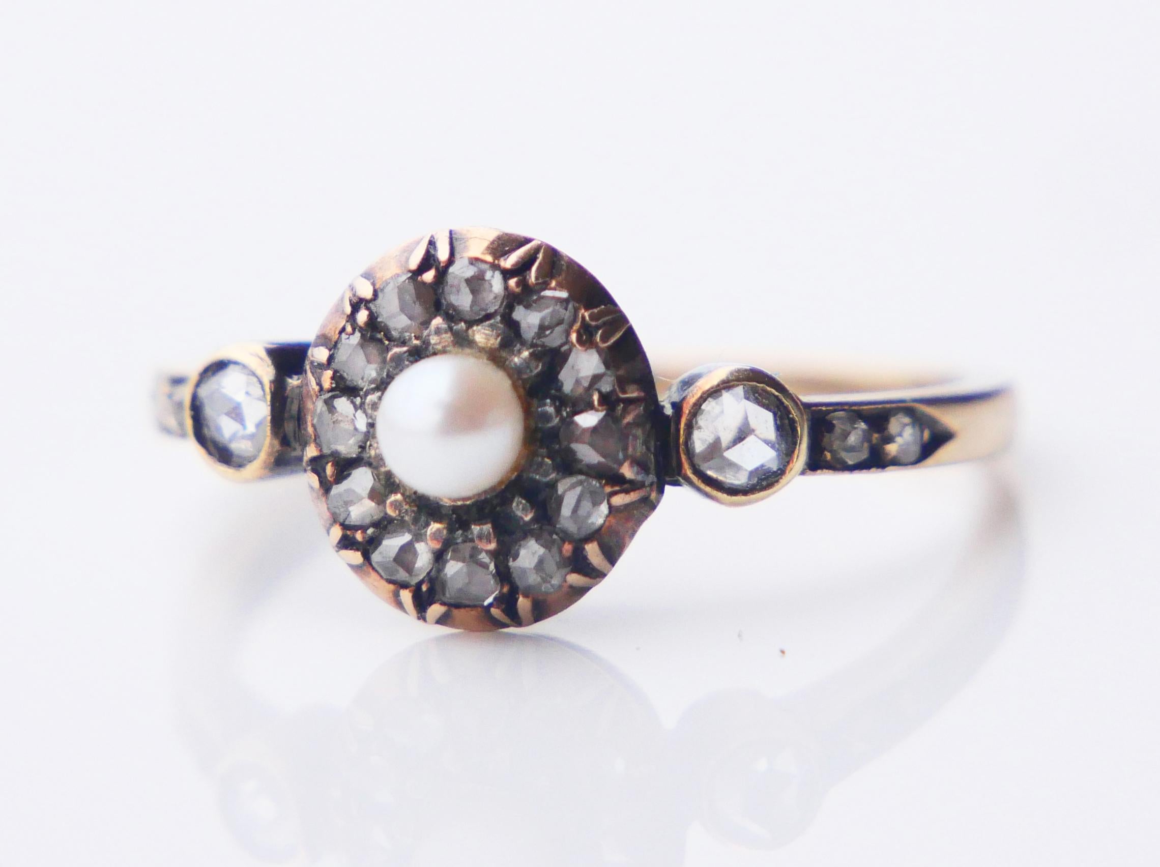 Art Nouveau Antique Austrian Ring Pearl 0.6 ctw Diamonds 14K Gold Silver Ø US 7.25 /2.9gr For Sale