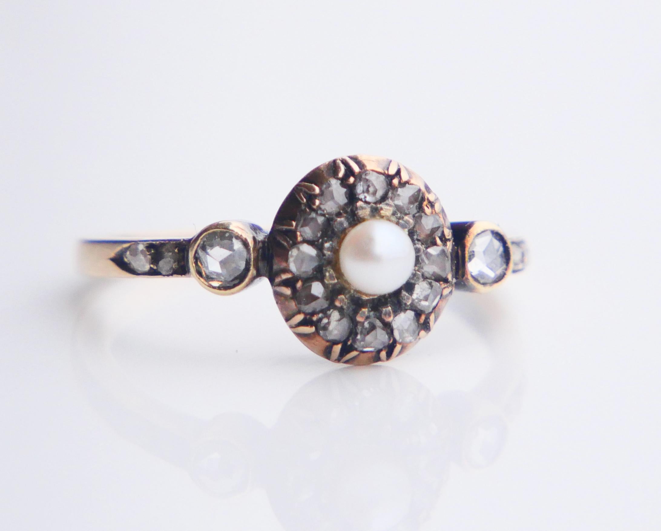 Women's Antique Austrian Ring Pearl 0.6 ctw Diamonds 14K Gold Silver Ø US 7.25 /2.9gr For Sale