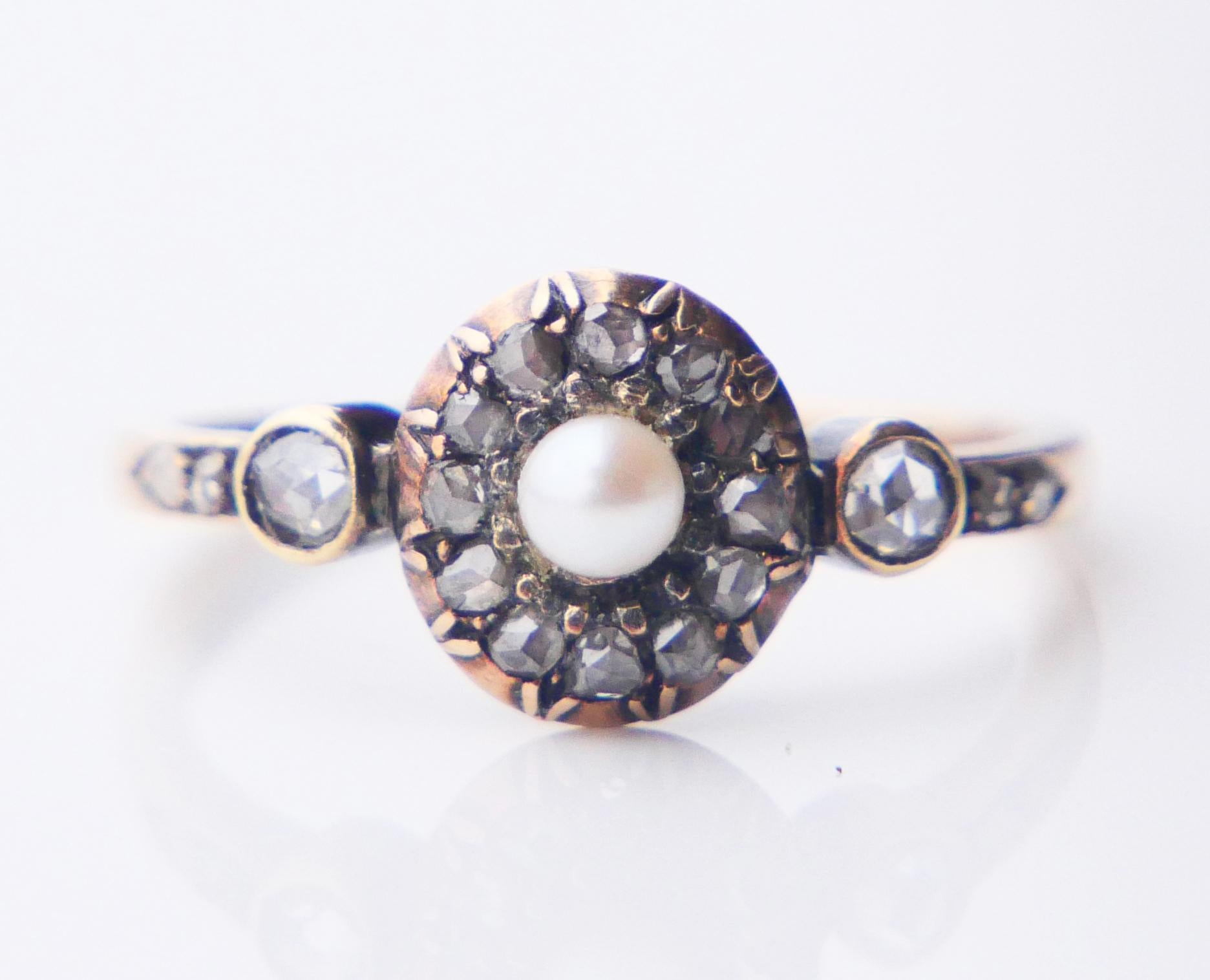 Antique Austrian Ring Pearl 0.6 ctw Diamonds 14K Gold Silver Ø US 7.25 /2.9gr For Sale 2