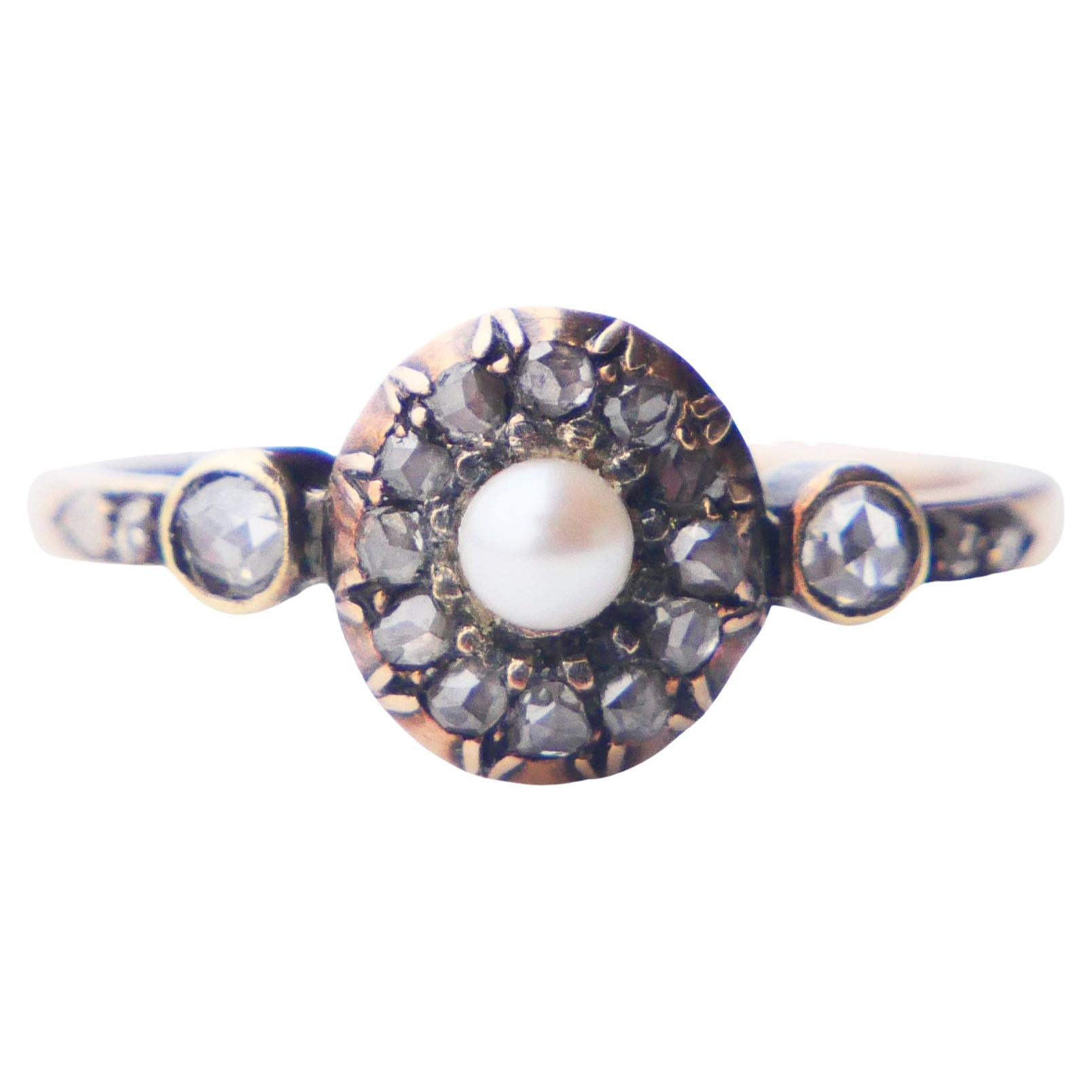 Bague autrichienne ancienne Perle 0.6 ctw Diamants 14K Or Silver Ø US 7.25 /2.9gr