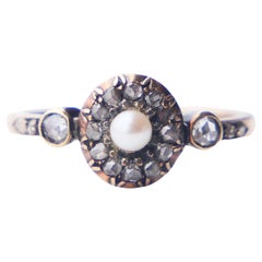 Antique Austrian Ring Pearl 0.6 ctw Diamonds 14K Gold Silver Ø US 7.25 /2.9gr