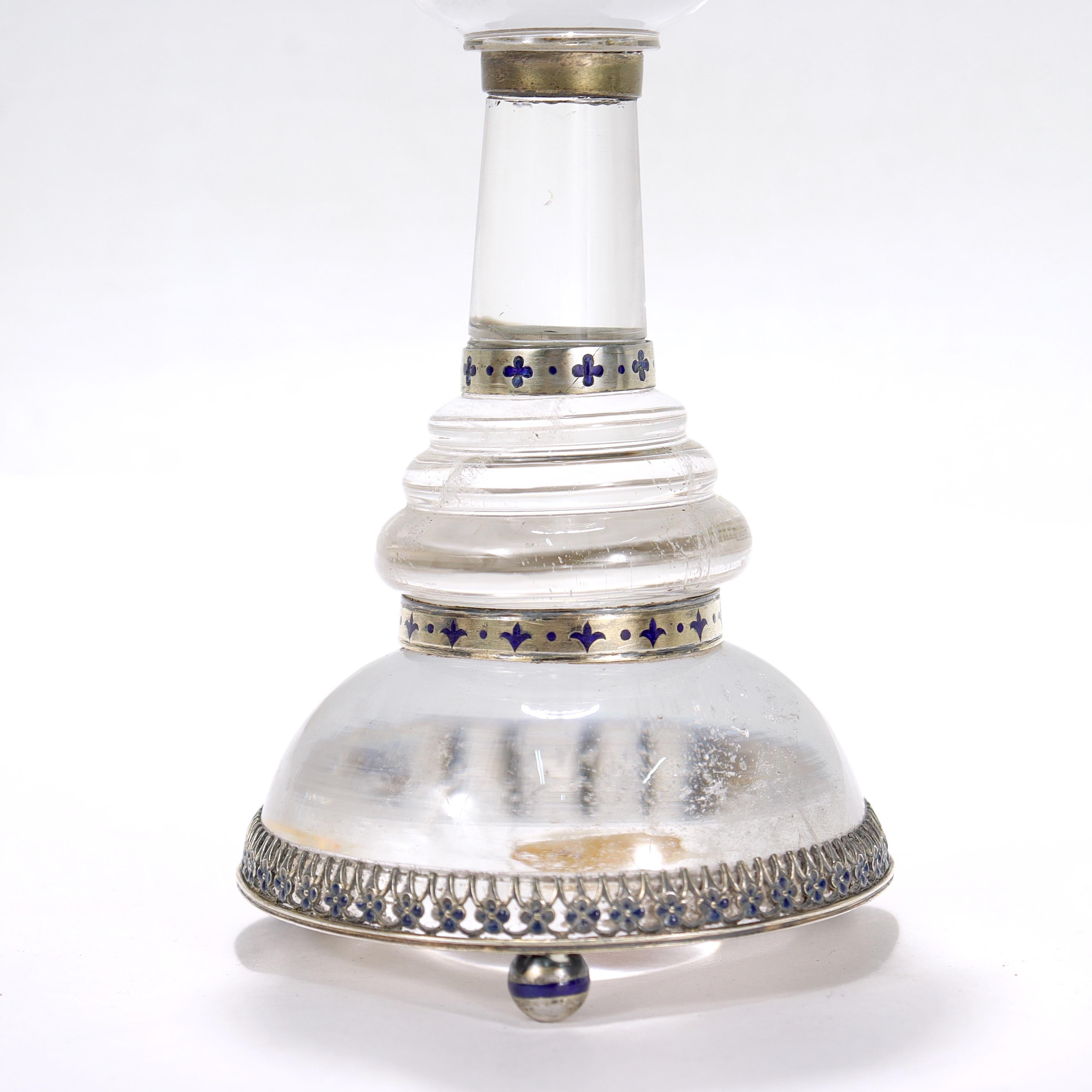 Antique Austrian Rock Crystal, Silver, and Blue Enamel Pricket Candlestick For Sale 1