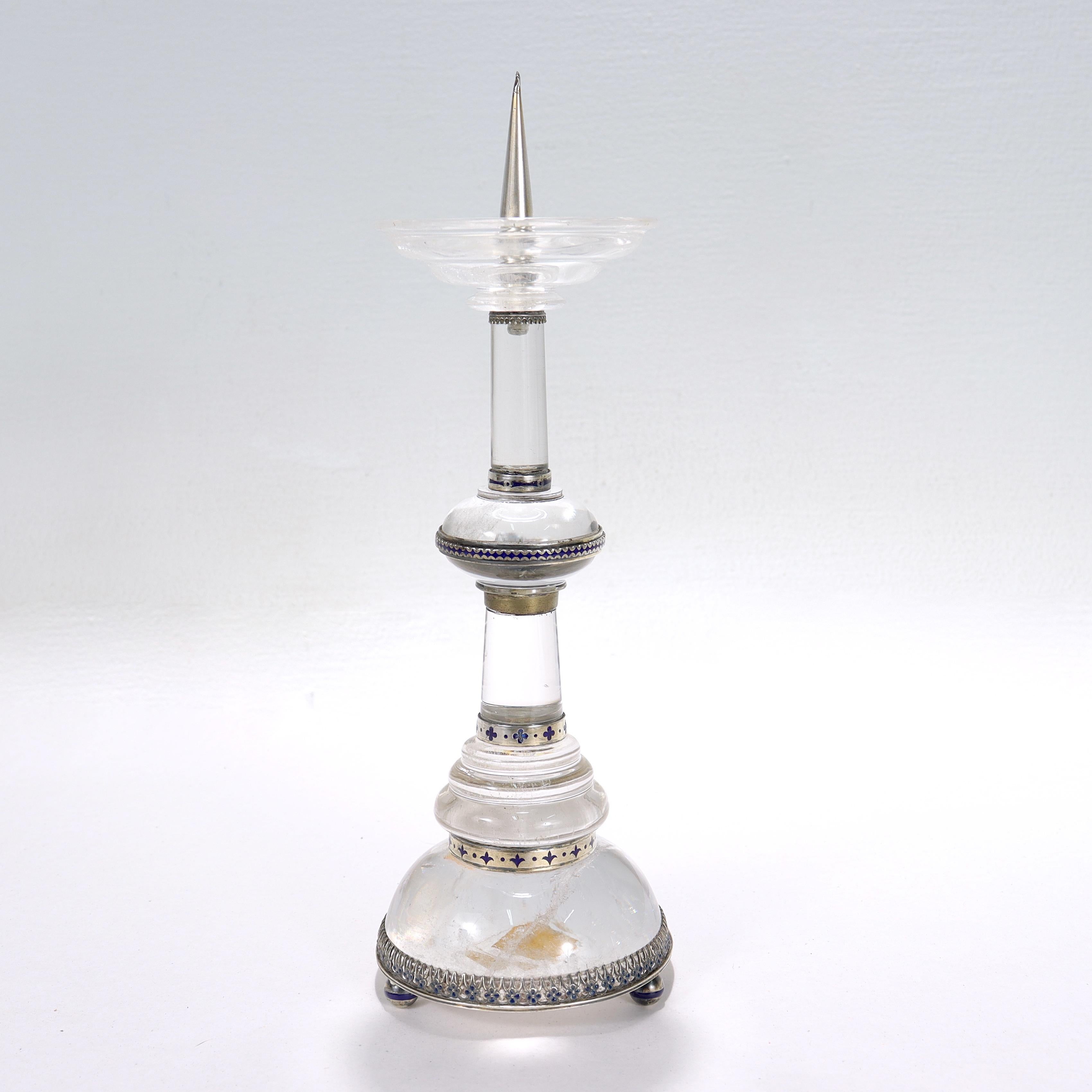 Baroque Revival Antique Austrian Rock Crystal, Silver, and Blue Enamel Pricket Candlestick For Sale