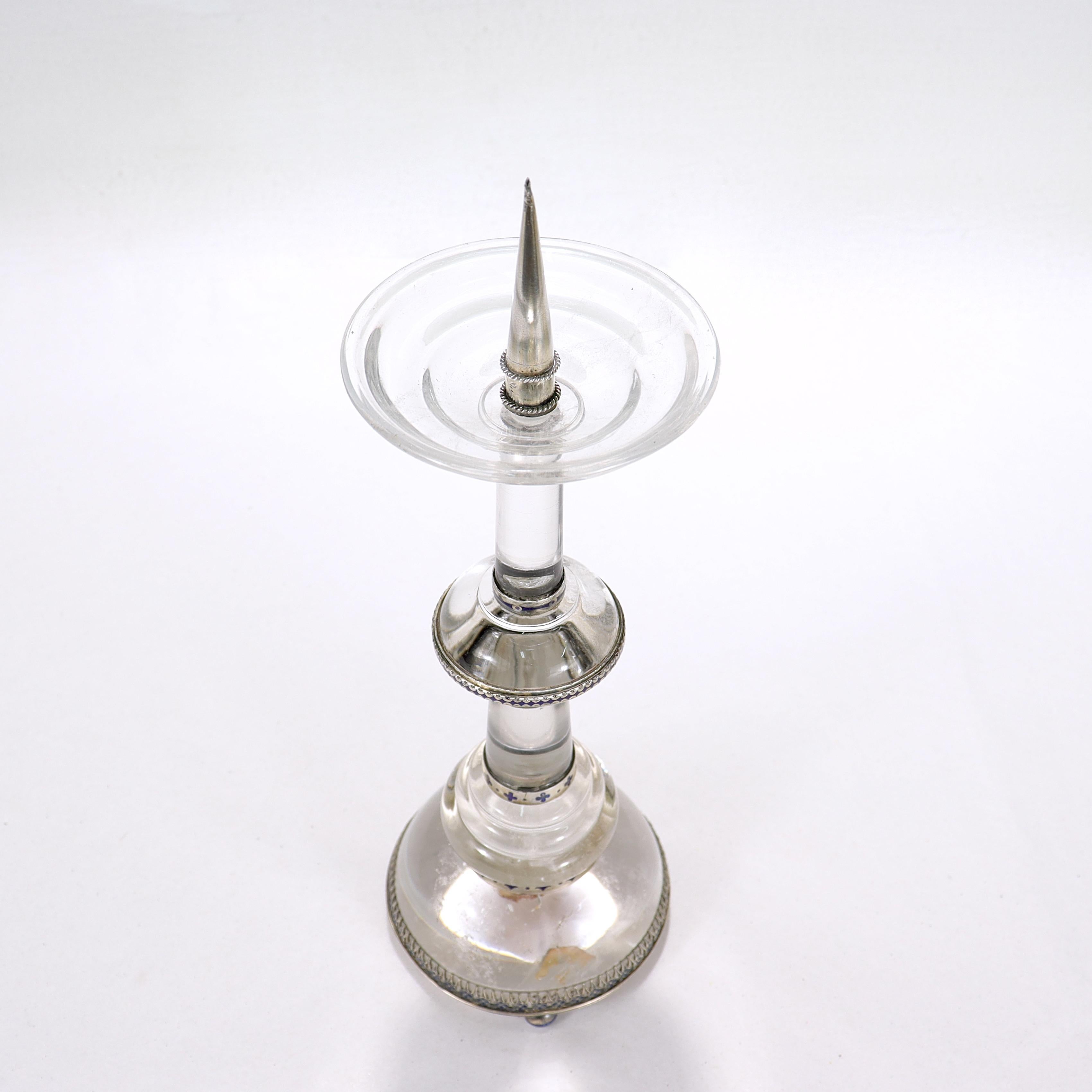 Round Cut Antique Austrian Rock Crystal, Silver, and Blue Enamel Pricket Candlestick For Sale