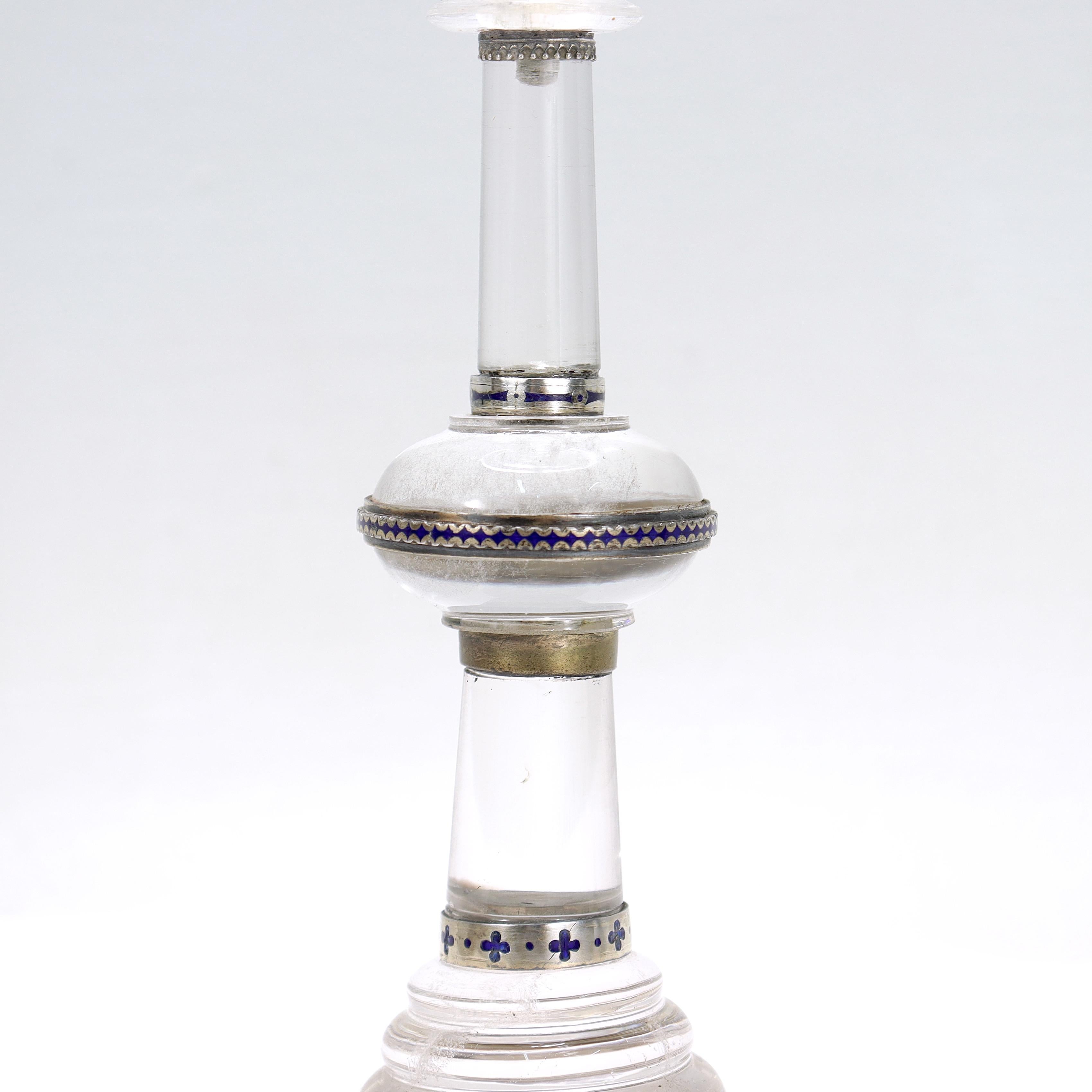 Women's or Men's Antique Austrian Rock Crystal, Silver, and Blue Enamel Pricket Candlestick For Sale