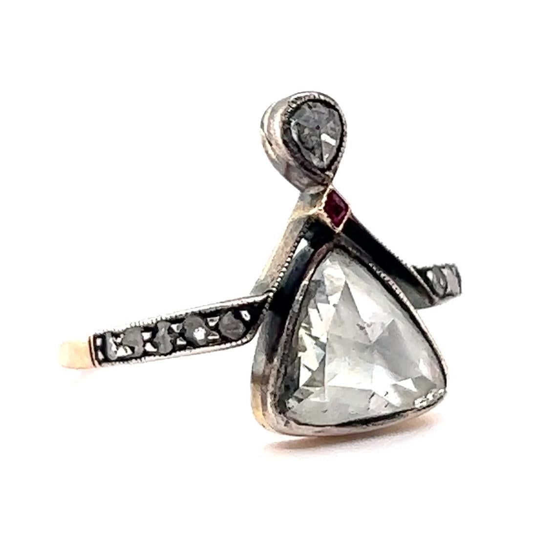 Antiker antiker österreichischer Tiara-Ring, Diamant im Rosenschliff Rubin 14 Karat Gold für Damen oder Herren