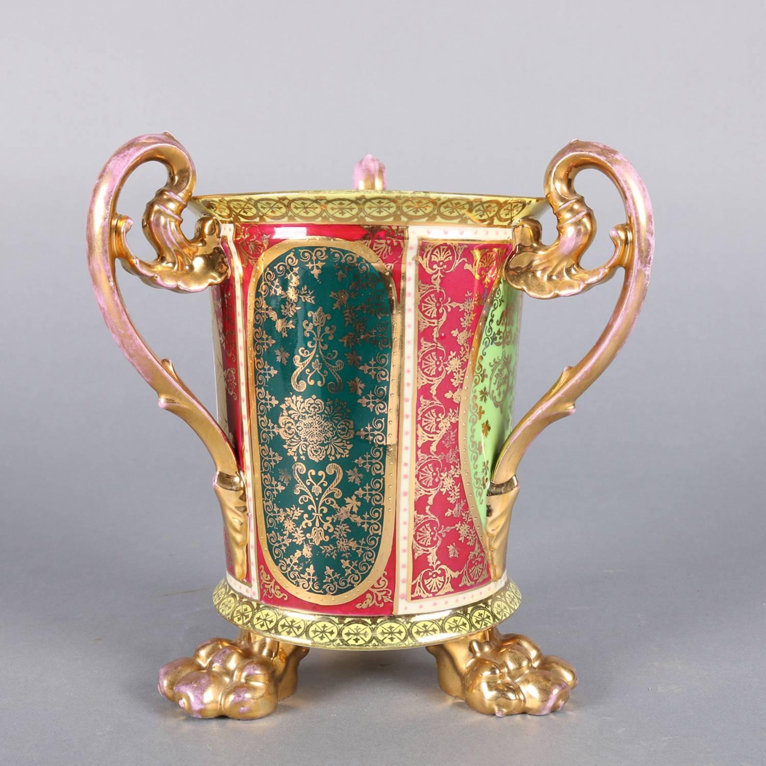 Austrian Royal Vienna Hand-Painted and Gilt 3-Handled Loving Cup, circa 1890 In Good Condition In Big Flats, NY