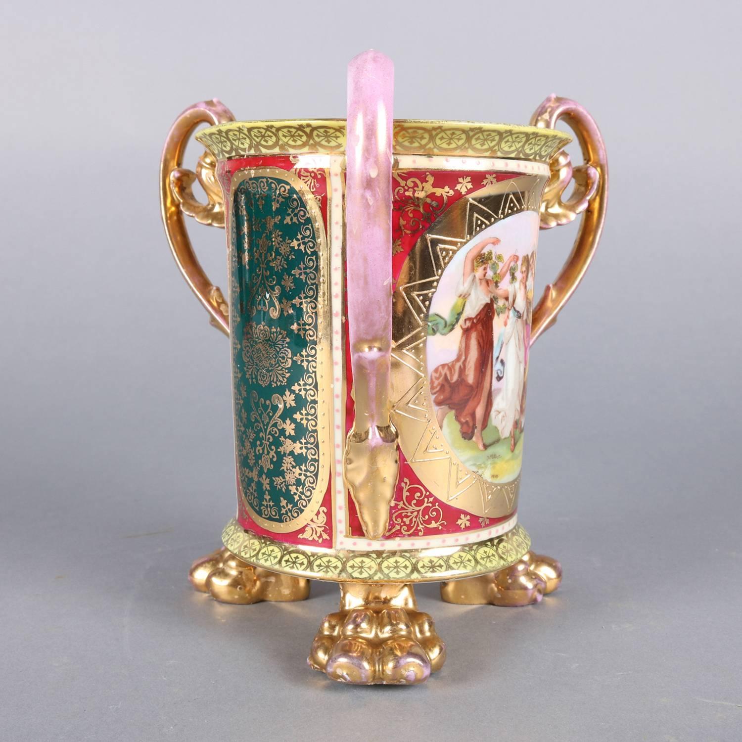 Porcelain Austrian Royal Vienna Hand-Painted and Gilt 3-Handled Loving Cup, circa 1890