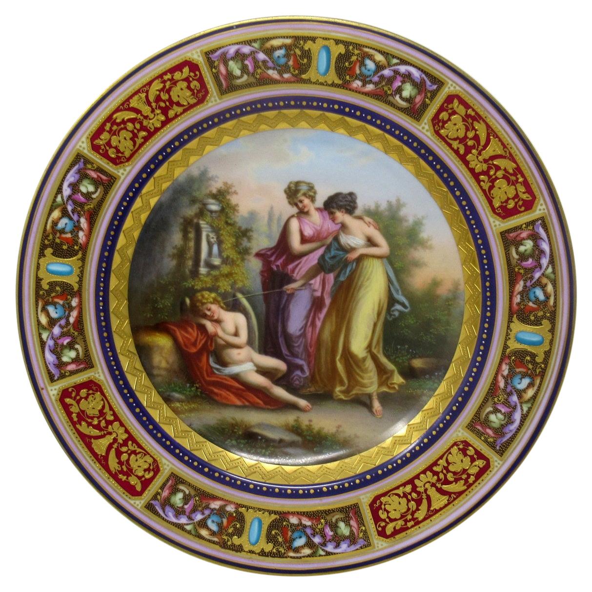 Ancienne assiette de cabinet autrichienne royale de Vienne en porcelaine mythologique peinte à la main