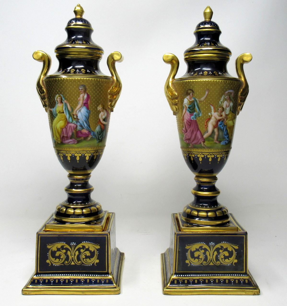 Hand-Painted Antique Austrian Royal Vienna Mythological Themed Hand Painted Vases Urns Pair For Sale