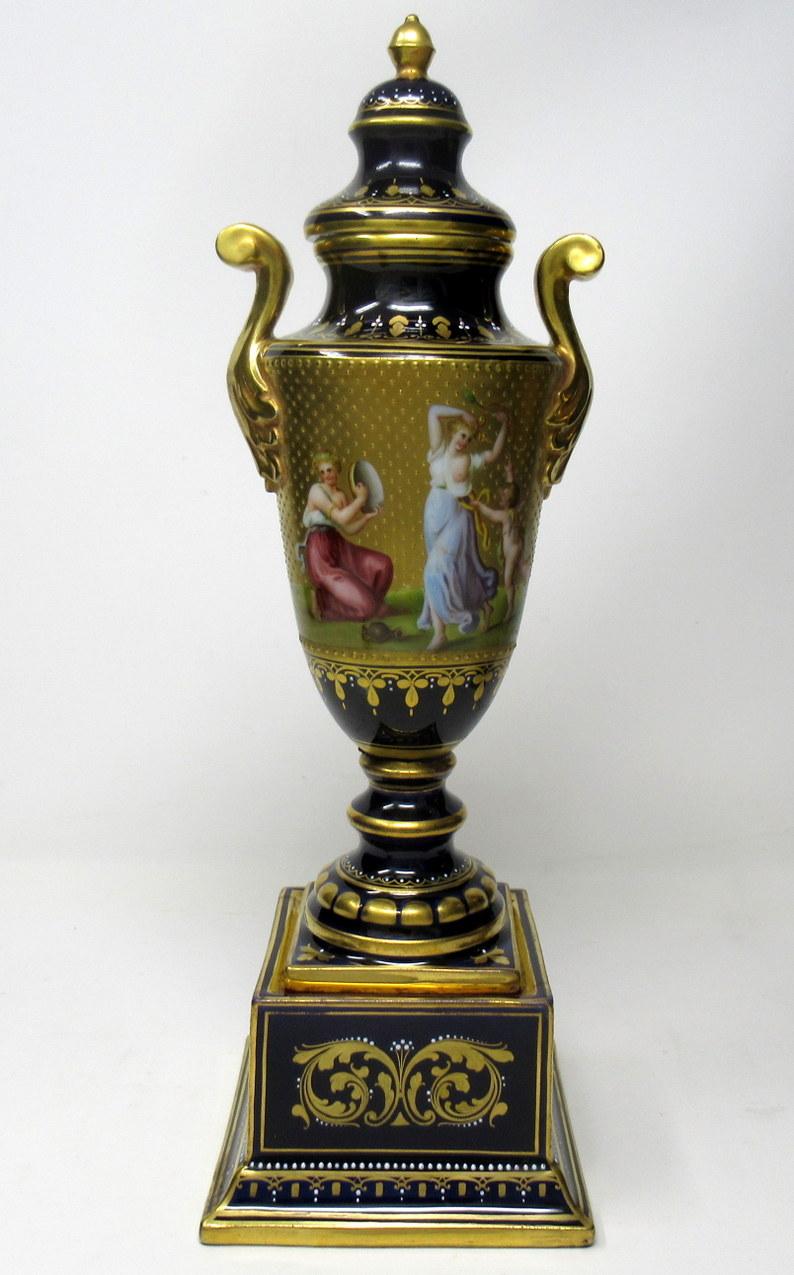 19th Century Antique Austrian Royal Vienna Mythological Themed Hand Painted Vases Urns Pair For Sale