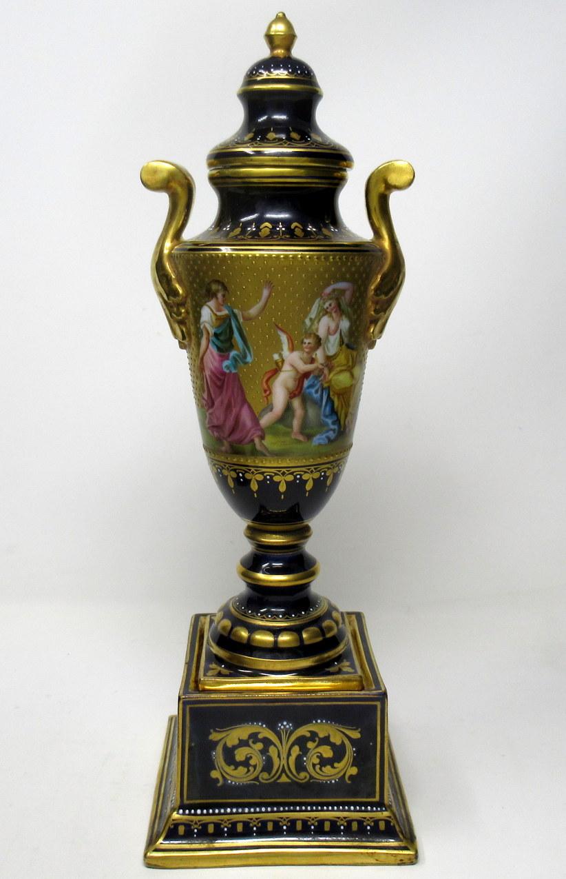 Porcelain Antique Austrian Royal Vienna Mythological Themed Hand Painted Vases Urns Pair For Sale