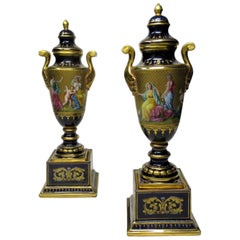 Antique Austrian Royal Vienna Mythological Themed Hand Painted Vases Urns Pair