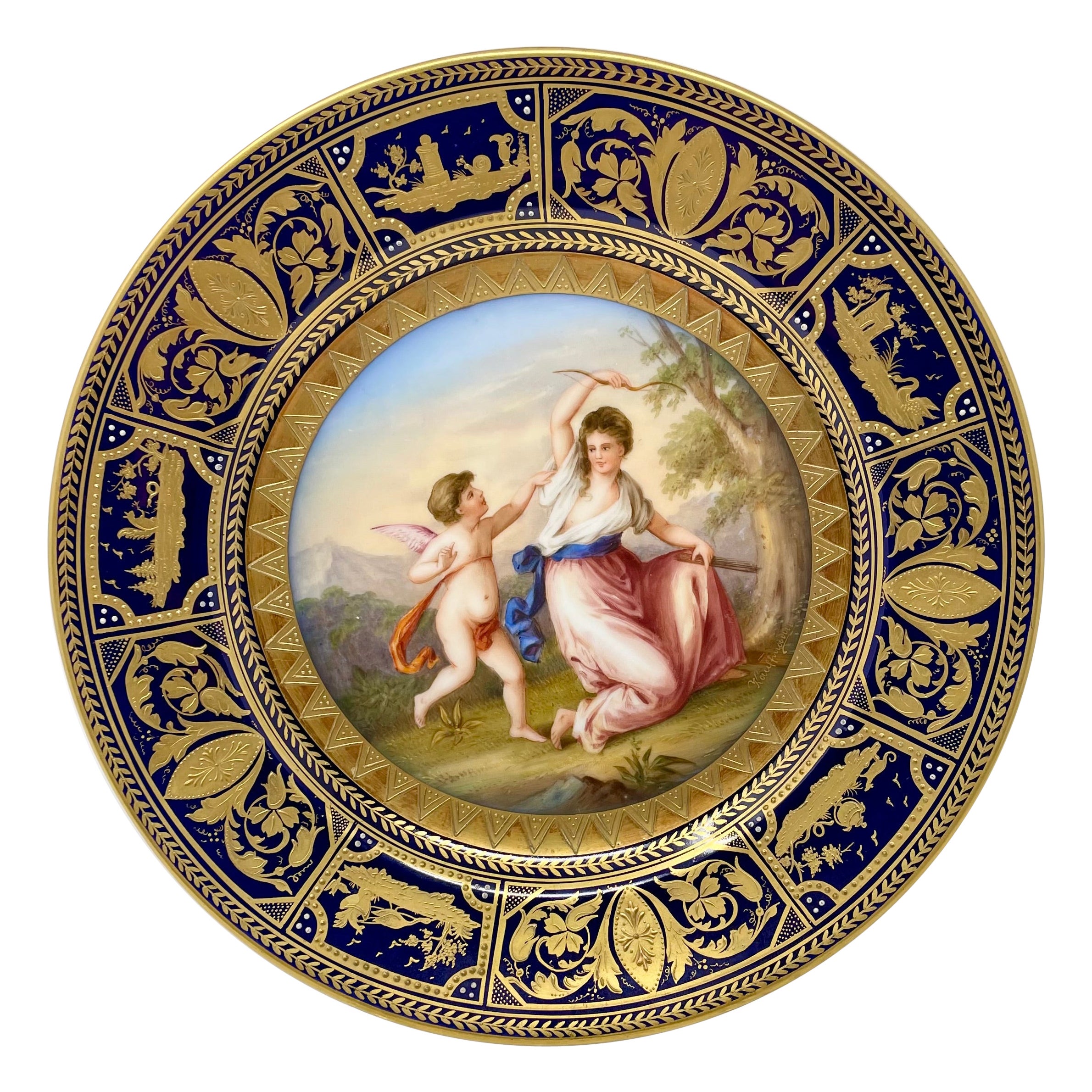 Antico piatto in porcellana austriaca Royal Vienna Porcelain, Amore non corrisposto di Cupido, ca. 1890