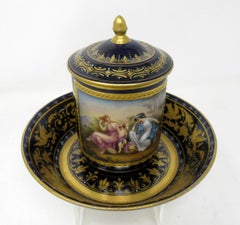 Antique Austrian Royal Vienna Sevres Style Chocolate Tea Cup Saucer Cobalt Blue