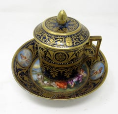 Antique Austrian Royal Vienna Sevres Style Chocolate Tea Cup Saucer Cobalt Blue