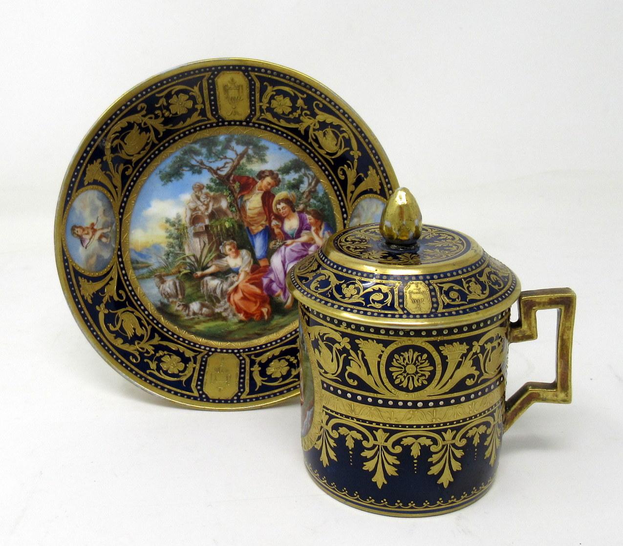 Late Victorian Antique Austrian Royal Vienna Sevres Style Chocolate Tea Cup Saucer Cobalt Blue